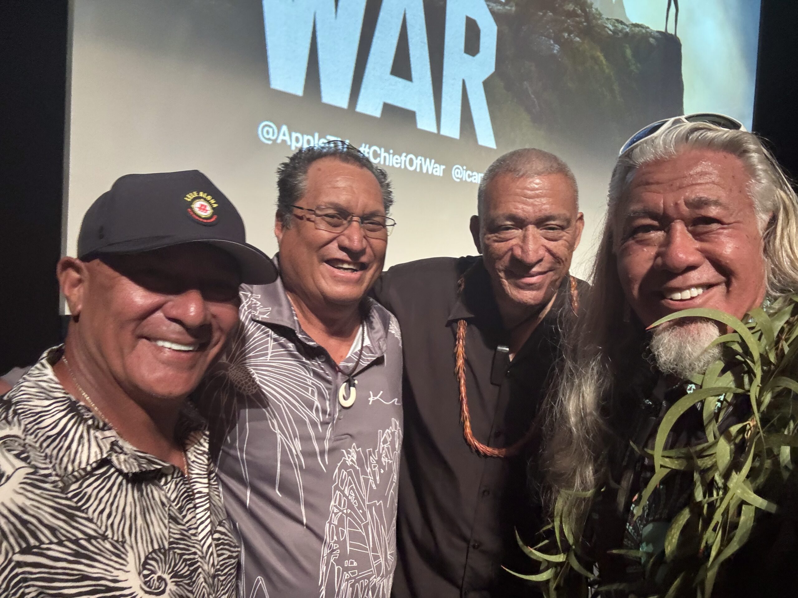 Archie Kalepa, Brian Keaulana, Maui County Mayor Richard Bissen and Branscombe Richmond all spoke at the premiere of "Chief of War" episode 1 on Sunday at the Maui Arts & Cultural Center. Leiohu Richmond photo