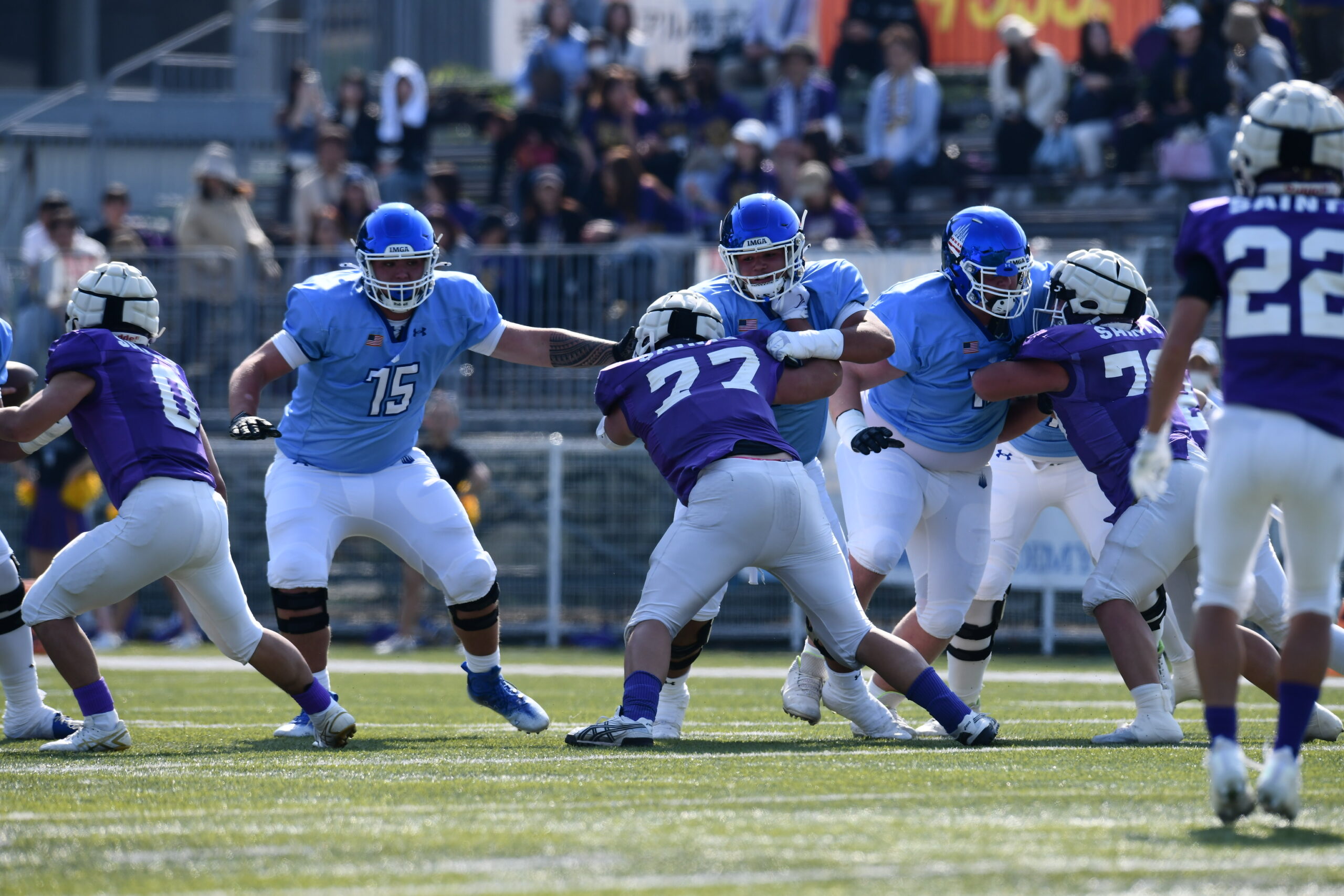 Kaholi Krau (75) blocks for IMG Academy in a game last spring against a team from Japan. Krau has returned to Maui to play for Baldwin High School for his senior season. Courtesy photo