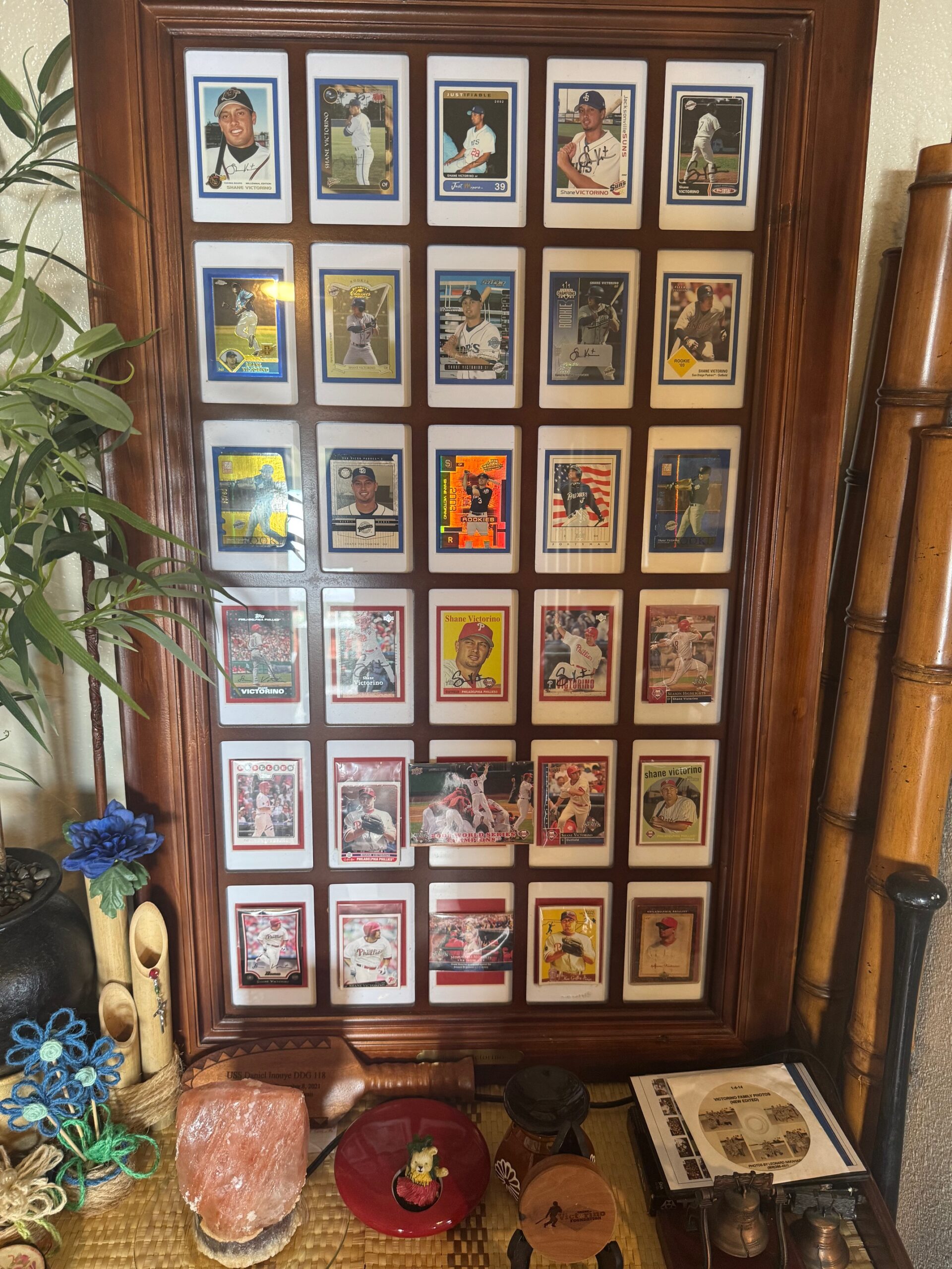 A display of Shane Victorino's baseball cards is shown here from his parents house in Wailuku Heights on Thursday. HJI / ROB COLLIAS photo