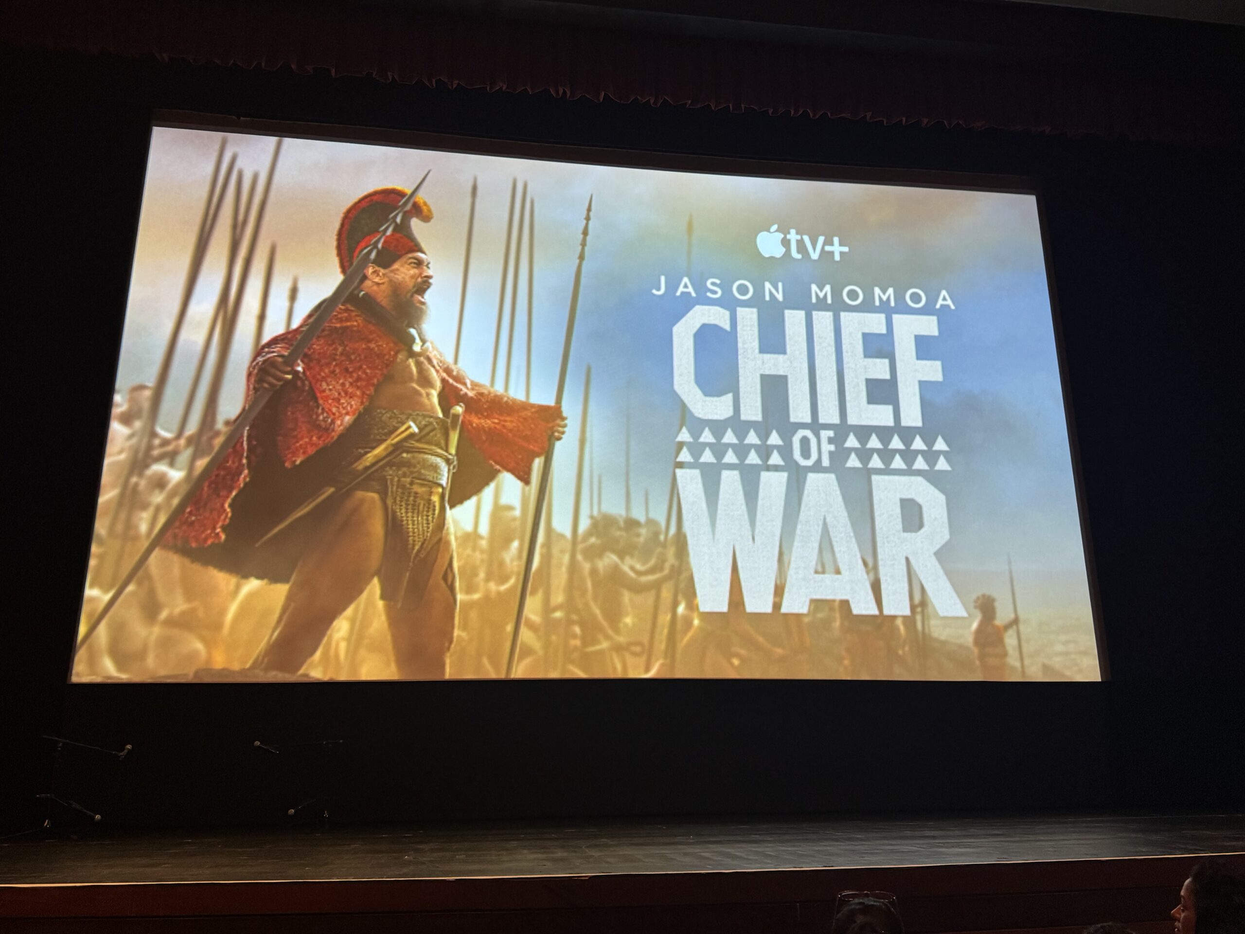 The opening credits for "Chief of War," Jason Momoa's 9-episode miniseries, is shown here in the Castle Theater on Sunday. HJI / ROB COLLIAS photo