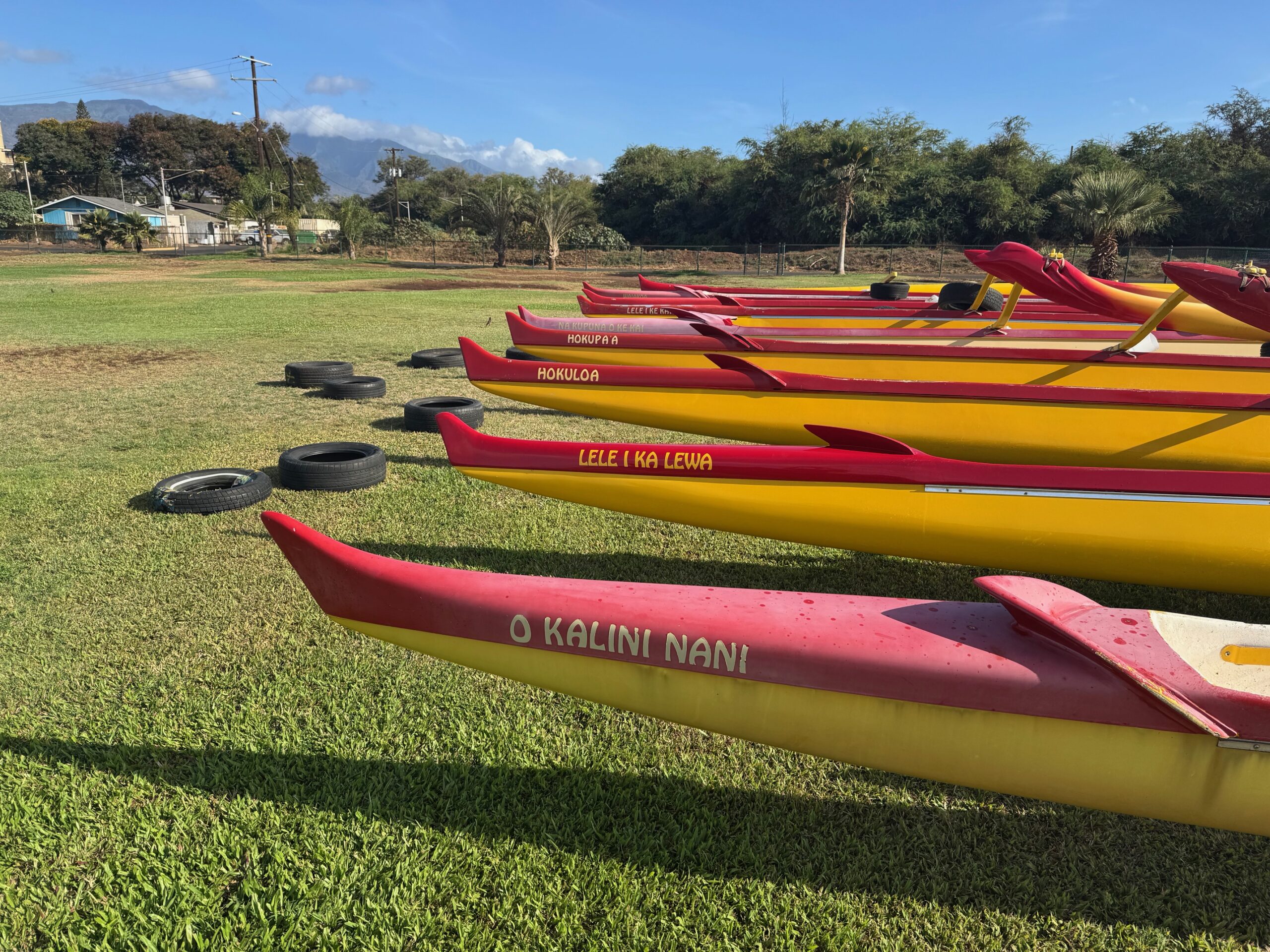 Kihei Canoe Club canoes were moved to the soccer field at Kenolio Park on Tuesday in preparation for the tsunami warning. The Hawaiian Canoe Racing Association state chamnpionship regaatta is Saturday in Lahaina. HJI / ROB COLLIAS photo