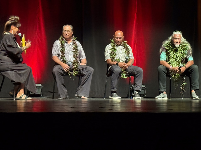 From left, Makalapua Kanuha, Brian Keaulana, Archie Kalepa and Branscombe Richmond all hold a "talk story" session after the showing of "Chief of War" episode 1 on Sunday. John Rodarte photo
