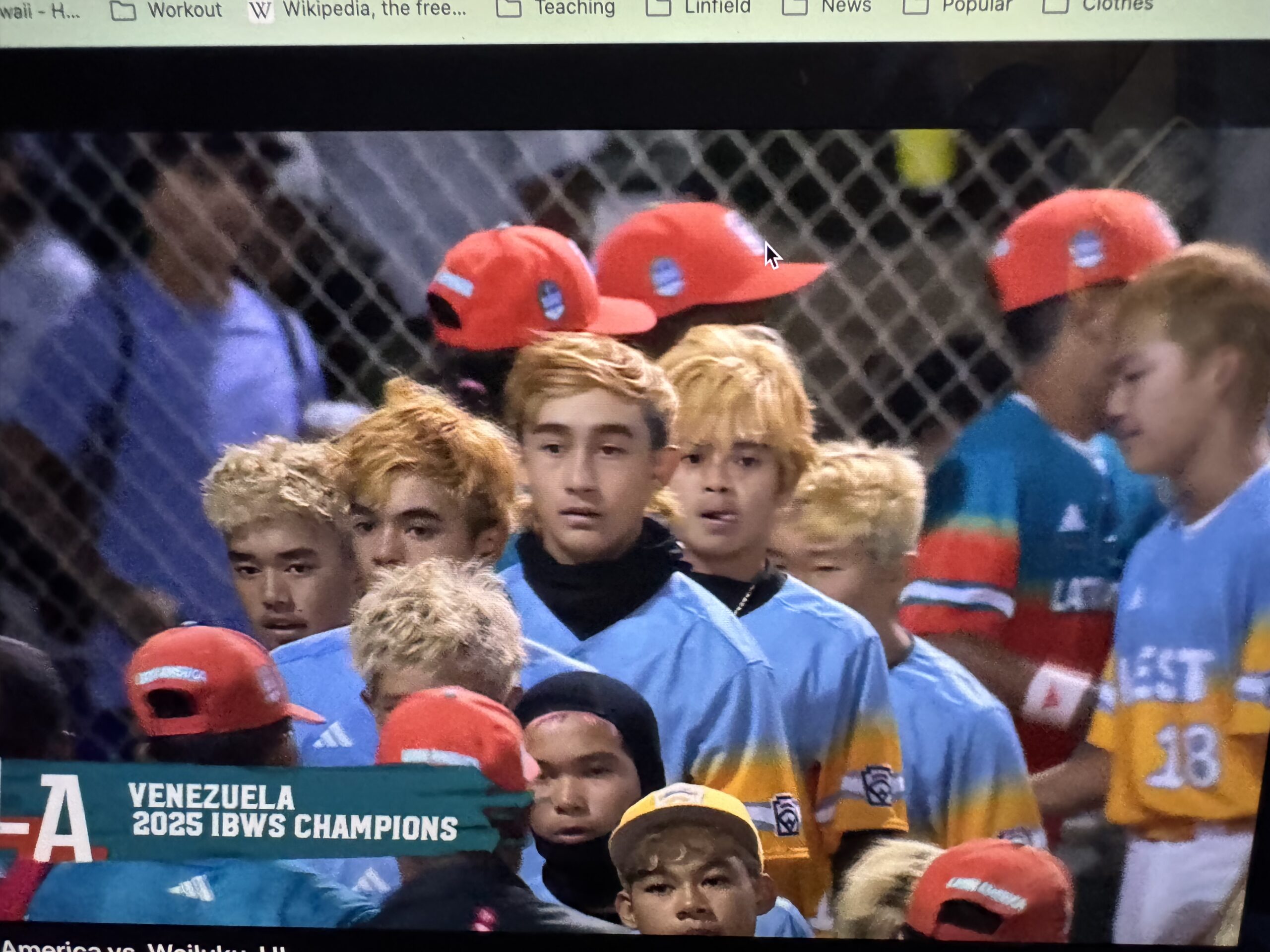 Central East Maui Little League players are shown in the screenshot in the handshake line after their 12-7 loss to Venezuela on Sunday in Livermore, Calif. Screenshot photo
