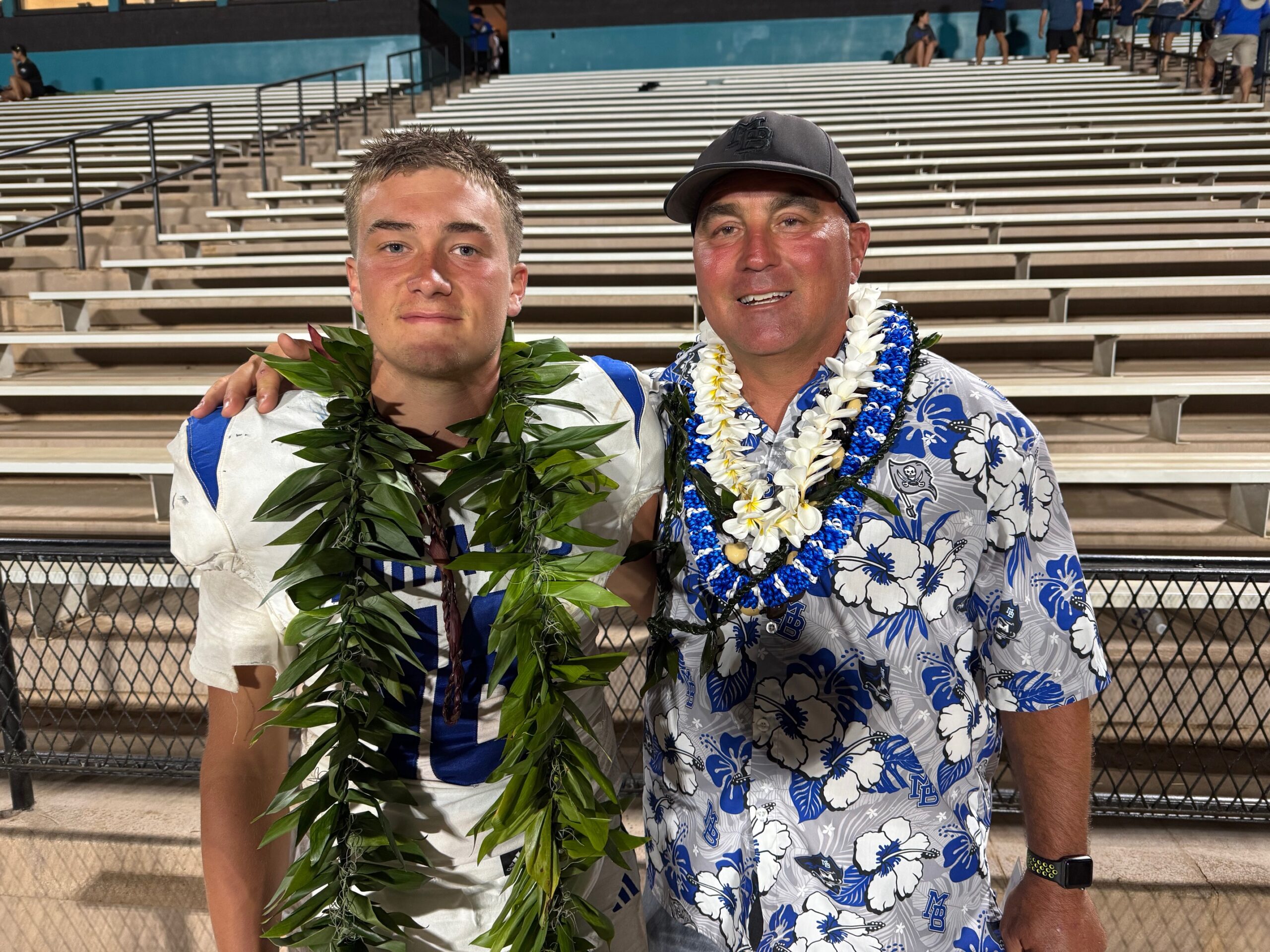 Sands Dougherty and Robert Dougherty enjoyeda homecoming in Morro Bay (Calif.) High School's 68-41 loss to King Kekaulike on Saturday. Robert Dougherty is a former head football coach at Maui High and athletic director at Seabury Hall. Sands Dougherty spent much of his childhood on Maui. HJI / ROB COLLIAS photo