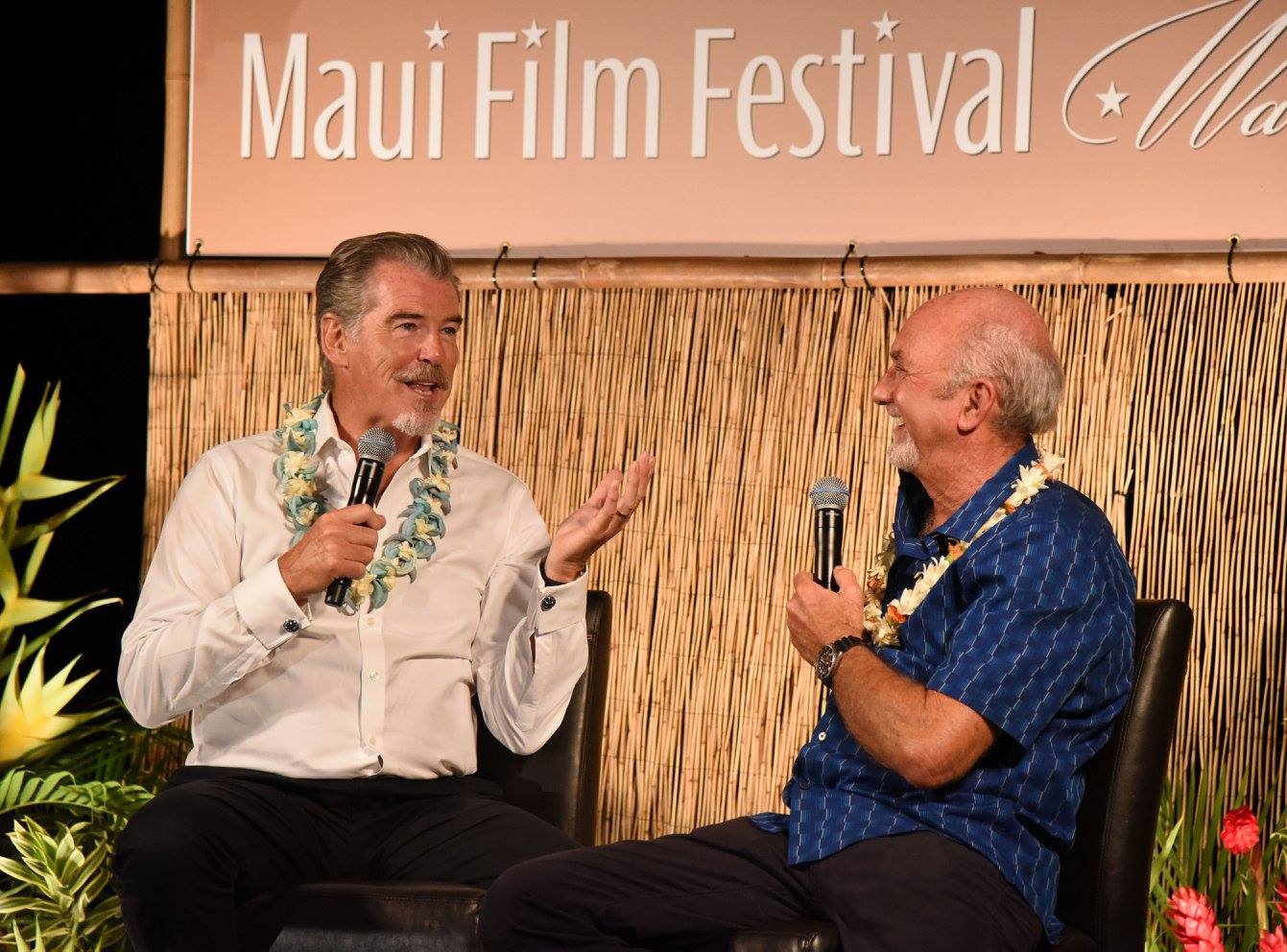 Rick Chatenever interviesws Pierce Brosnan at the Maui Film Festival in both 2008. Brosnan received the Maverick Award in 2008 and the Pathfinder Award in 2017. Courtesy photo