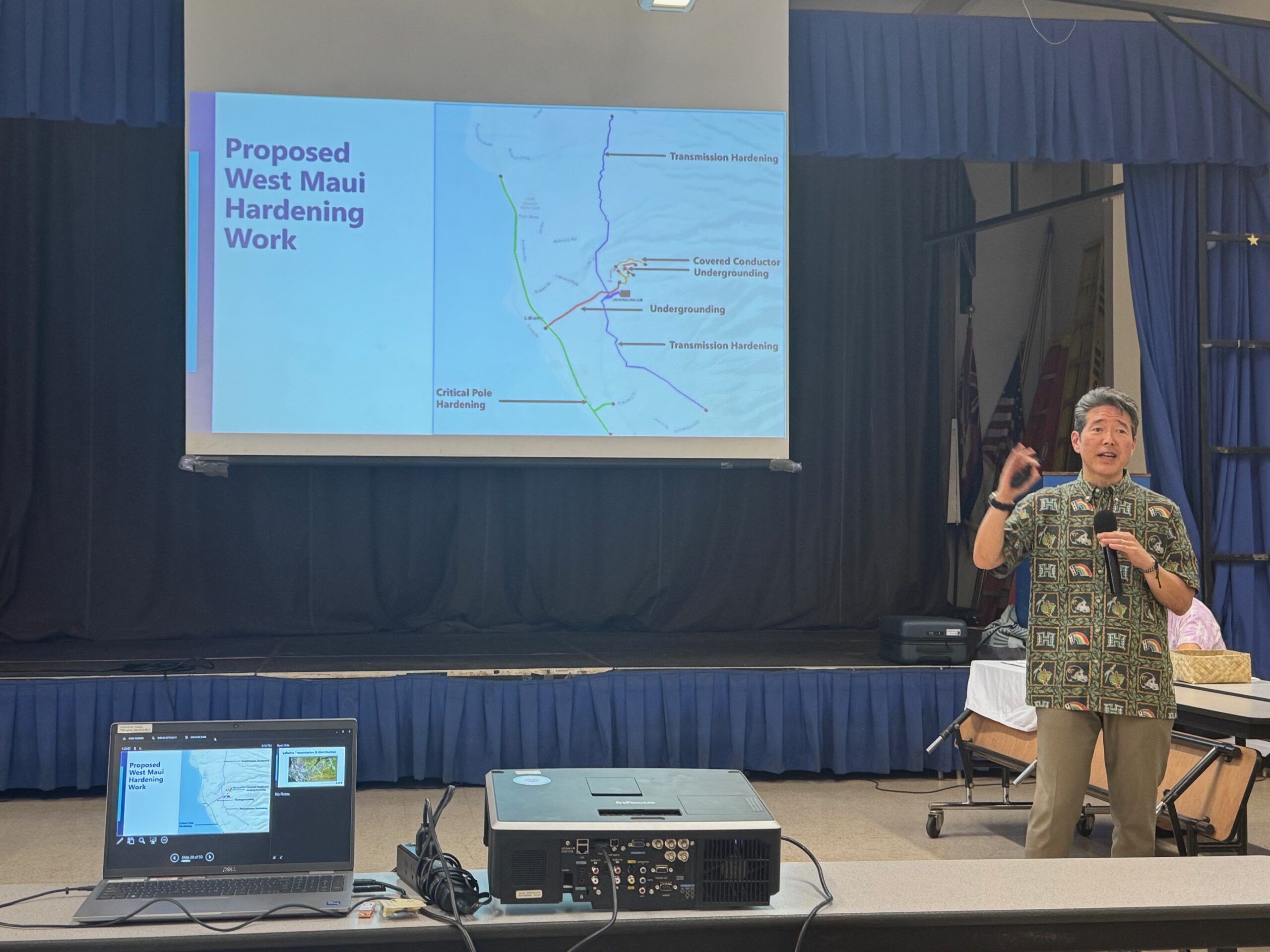 Colton Ching, the senior vice president of planning and technology for Hawaiian Electric, talks at the Lahaina community meeting Wednesday. HJI / ROB COLLIAS photo