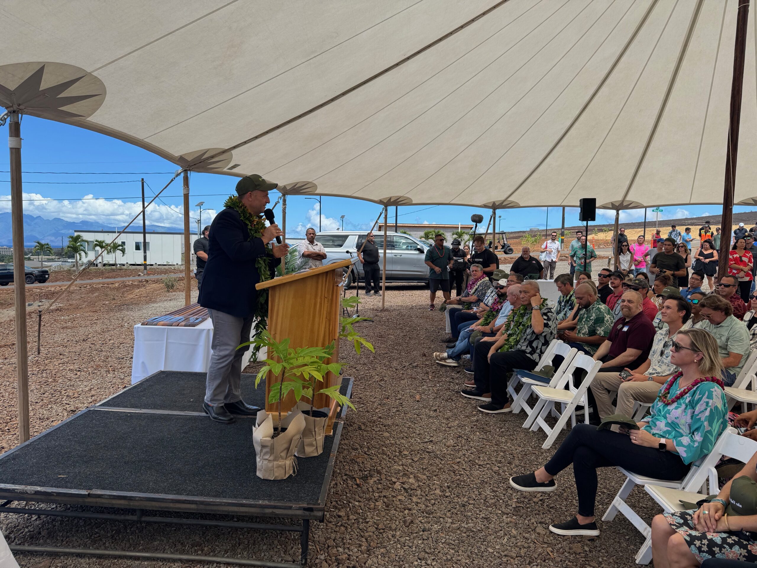 Hawai'i Gov. Josh Green speaks to the crowd of more than 250 invited guests on Wednesday at the Ka La'i Ola "completion celebration." HJI / ROB COLLIAS photo