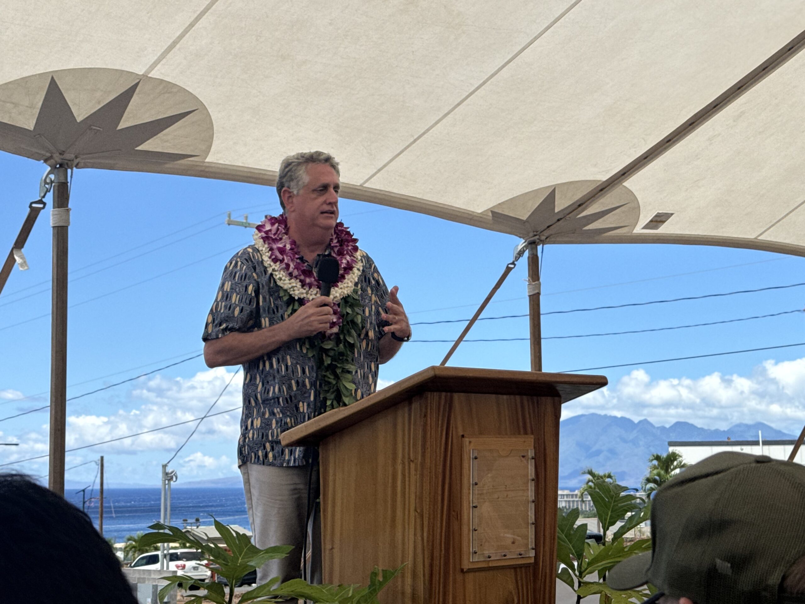 State Department of Human Services Deputy Director Joseph Campos speaks during the Ka La'i Ola "completion celebration" on Wednesday in Lahaina. HJI / ROB COLLIAS photo