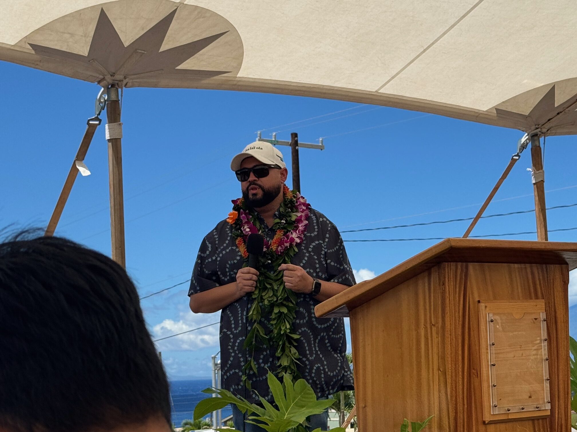 HomeAid Hawai'i Kimo Carvalho speaks during the Ka La'i Ola "completion celebration" on Wednesday in Lahaina. HJI / ROB COLLIAS photo