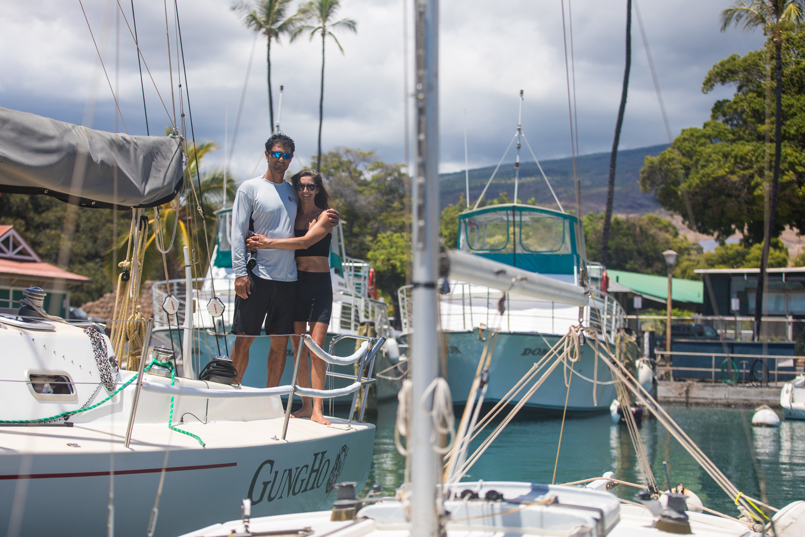 Keahi Ho and Ali Grimes are shown here aboard their Livgard 37 boat named GungHo in Lahaina Harbor. They lost the boat that was moored in Lahaina Harbor in the Lahaina wildfire on Aug. 8, 2023. Courtesy photo