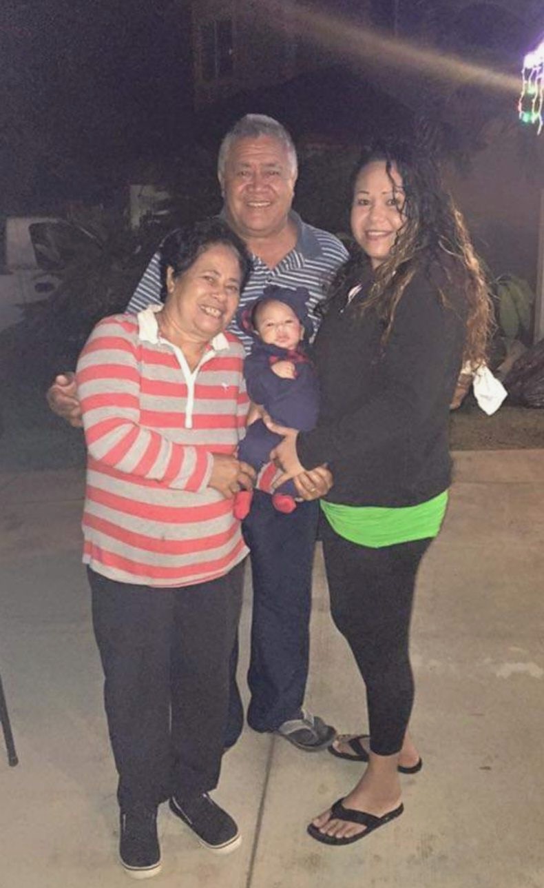 University of Hawai'i football player Karsyn Pupunu lost four close relatives in the Lahaina wildfire on Aug. 8., 2023 — from left, Malui Fonua Tone, Faaso Tone, Salote Tone and Tony Takafua (baby in middle). Pupunu keeps a picture of his lost relatives in his locker. Courtesy photo