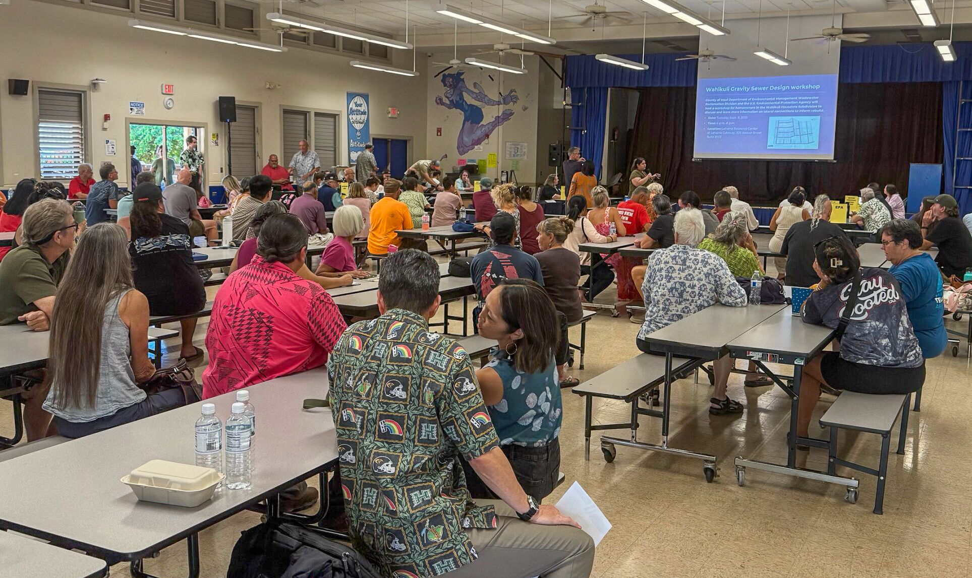 The monthly Lahaina community meeting drew about 150 people to the Lahaina Intermediate School cafeteria on Wednesday. HJI / ROB COLLIAS photo