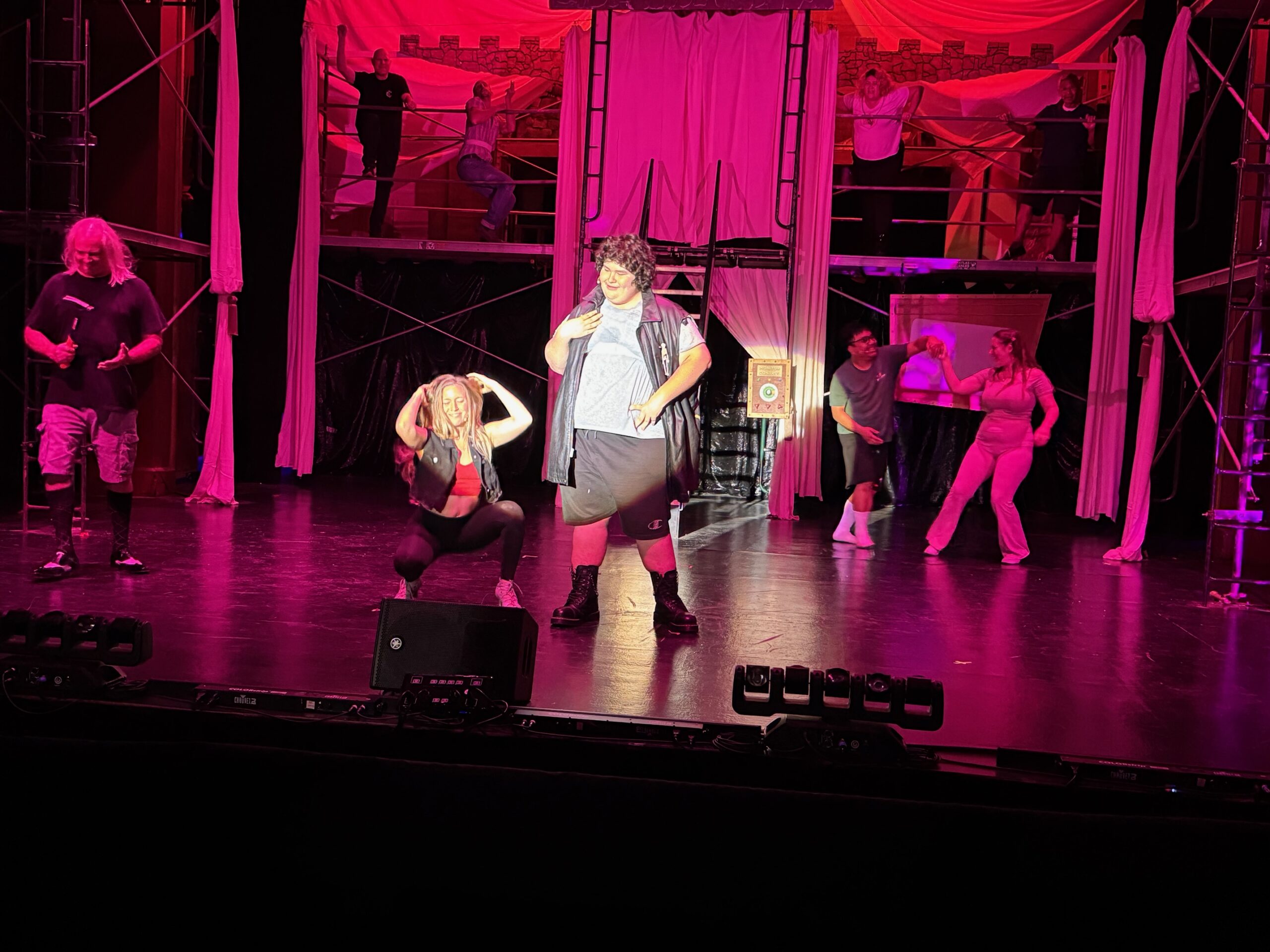 Sebastian Navarro (center) and Ashlyn Mansfield share the spotlight in rehearsal for The Rocky Horror Show on Wednesday at the Iao Theatre. HJI / ROB COLLIAS photo
