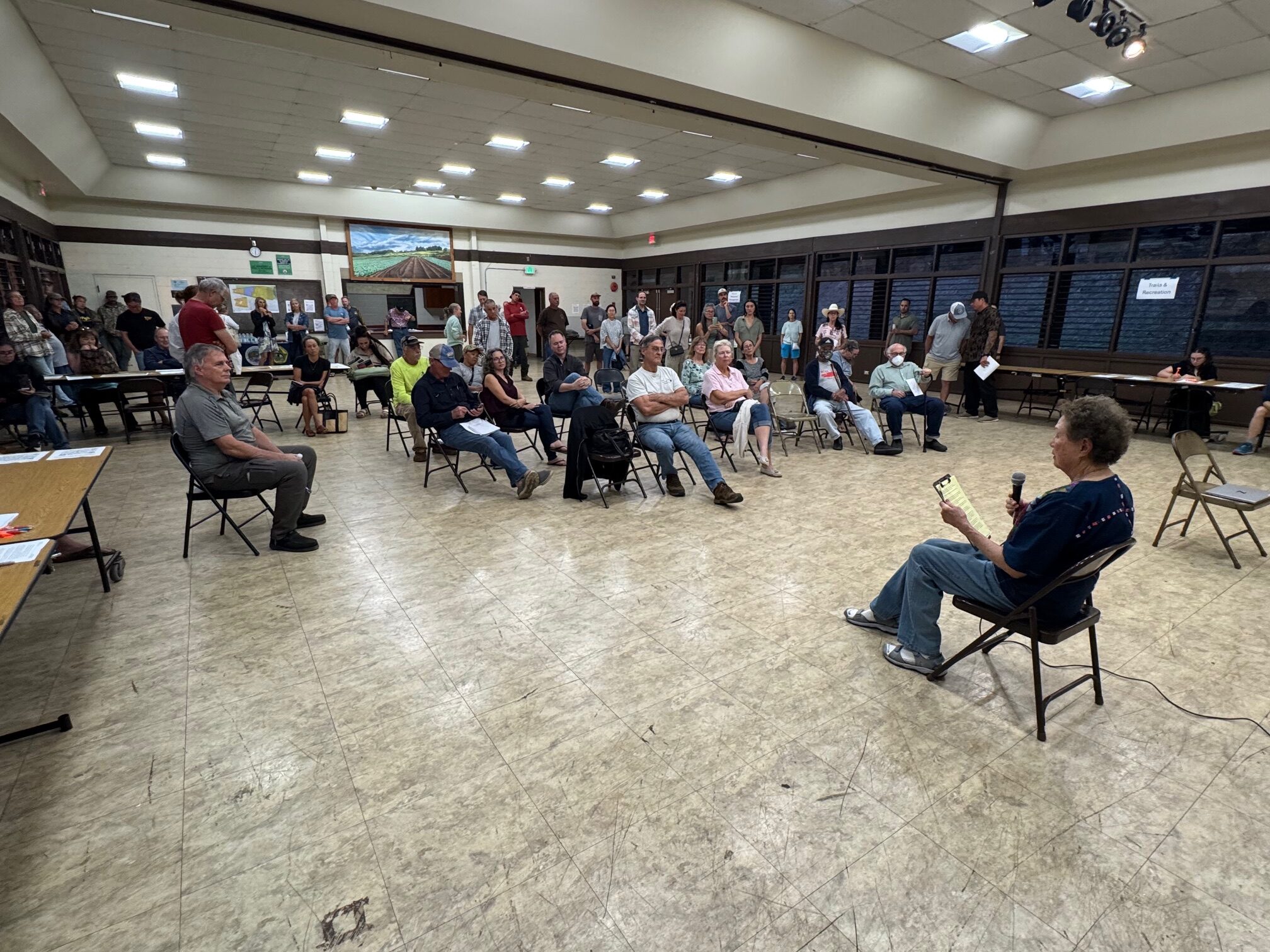 Carole Lum Ching adressed the crowd at Wednesday's public meeting at Kula Community Center to discuss the future of Kamehamenui. HJI / ROB COLLIAS photo