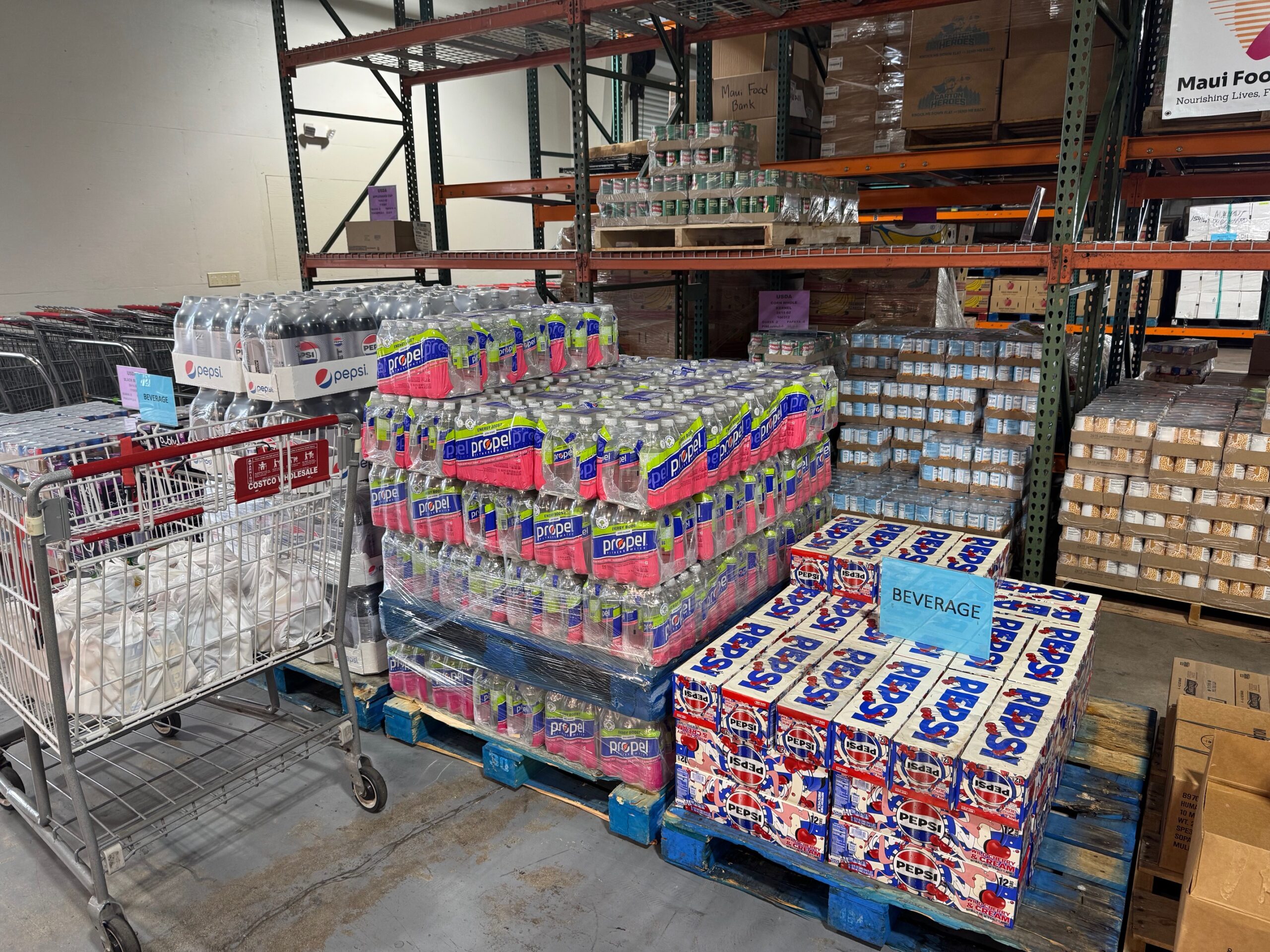 This photo shows the variety of beverages available for distribution at the Maui Food Bank's Wailuku warehouse on Thursday. HJI / ROB COLLIAS photo