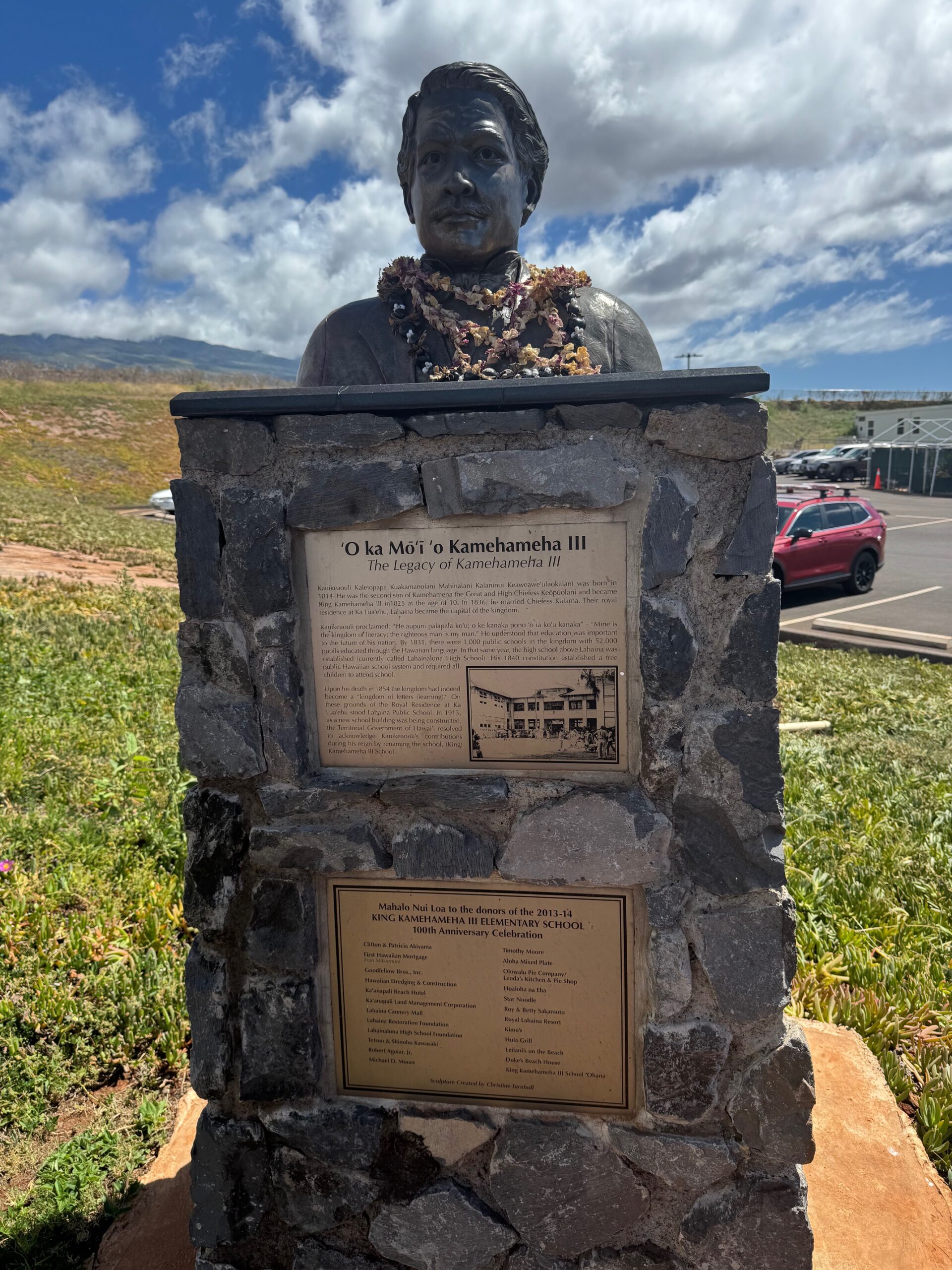 This statue of King Kamehameha III survived the Aug. 8, 2023, Lahaina wildfire and now stands proudly near the entrance of the temporary King Kamehameha I(II Elementary School directly below the Kapalua Airport. HJI / ROB COLLIAS photo