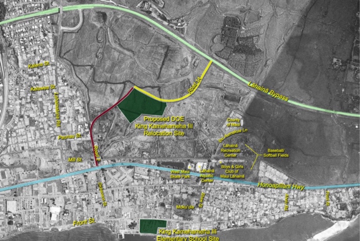 This map shows the proximity of the prooposed site of the King Kamehameha III Elementary School site in Ku'ia, just 0.6 miles away from the former location on Front Street. Kamehameha Schools Bishop Estate rendering