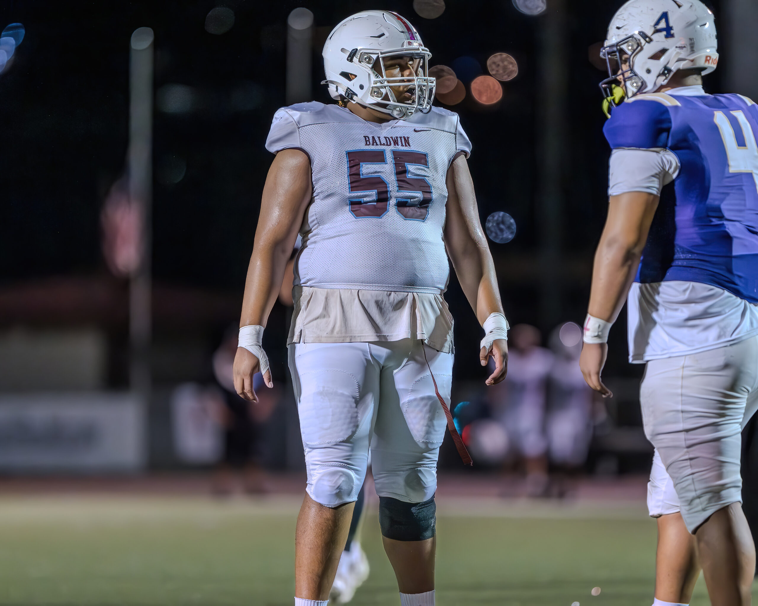 Baldwin High School's Fa'anu Ma'o (55). a 6-foot-2, 315-pound junior offensive lineman, lines up against Damien on Saturday in the Bears' 28-14 loss in the Division I state quarterfinals. BRIAN BAUTISTA / Scoring Live photo