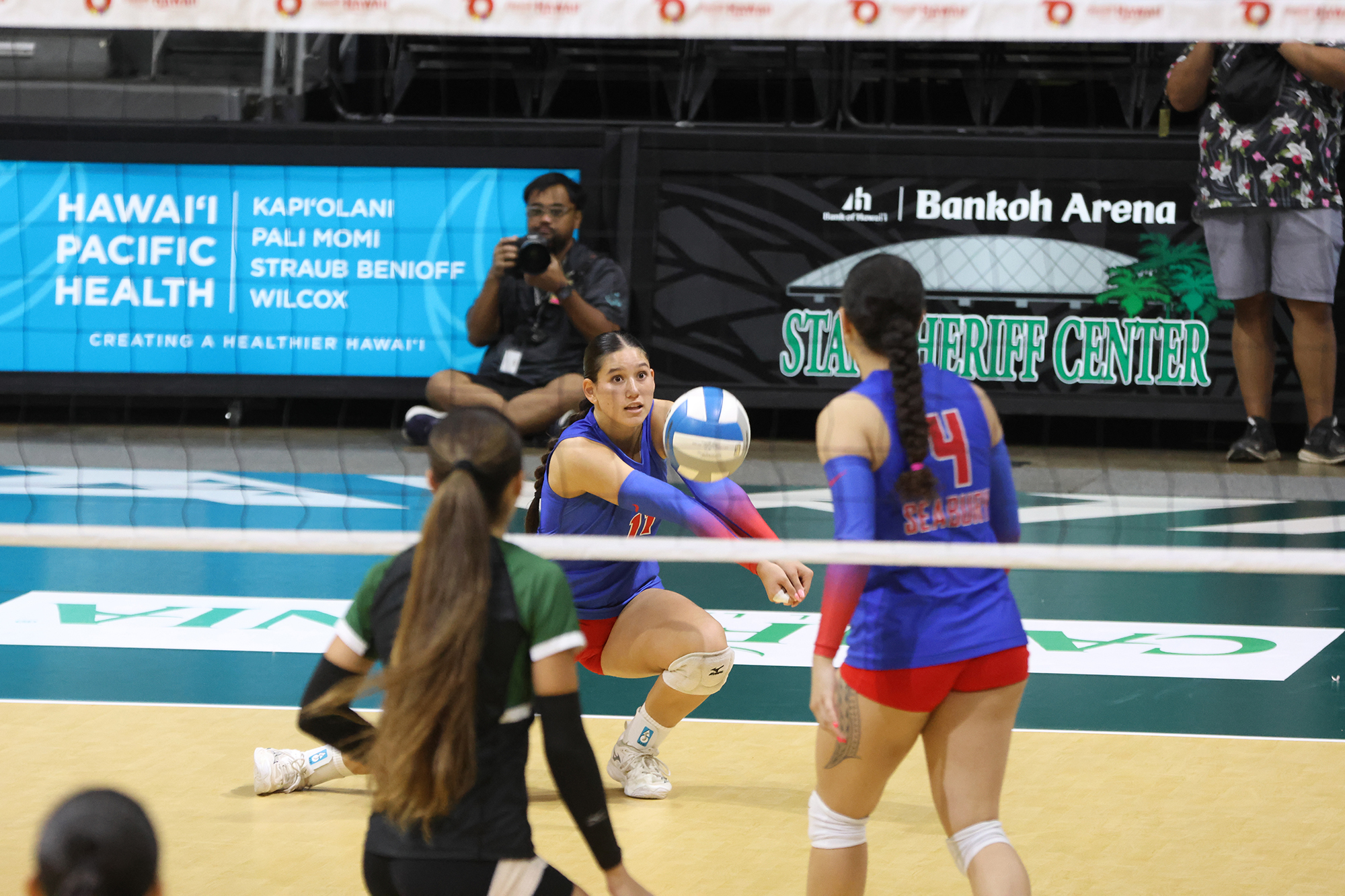 Seabury Hall senior Clia Kafka digs the ball in the Spartans' five-set loss to Kapa'a on Saturday at the Stan Sheriff Center. ScoringLive / GREG YAMAMOTO photo