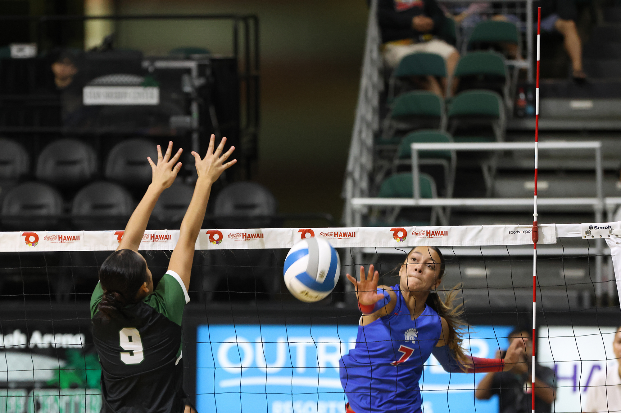Seabury Hall's Milaniakai Padilla (7) smacks one of her 32 kills down the line in the Spartans' five-set loss to Kapa'a in the Division II state championship match on Saturday at the Stan Sheriff Center. ScoringLive / GREG YAMAMOTO photo