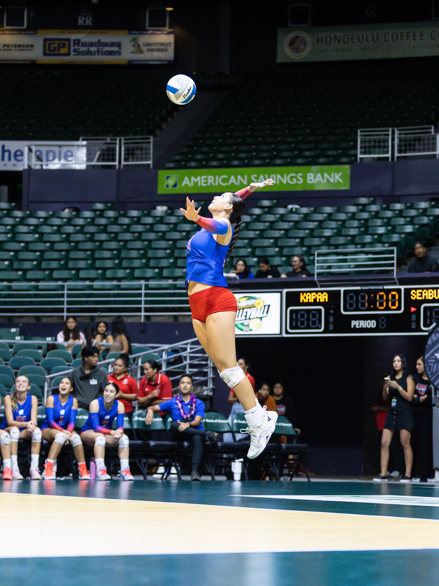 Seabury Hall senior Clia Kafka skies for a serve in the Spartans' five-set loss to Kapa'a on Saturday at the Stan Sheriff Center. ScoringLive / HARLEY SIMON photo