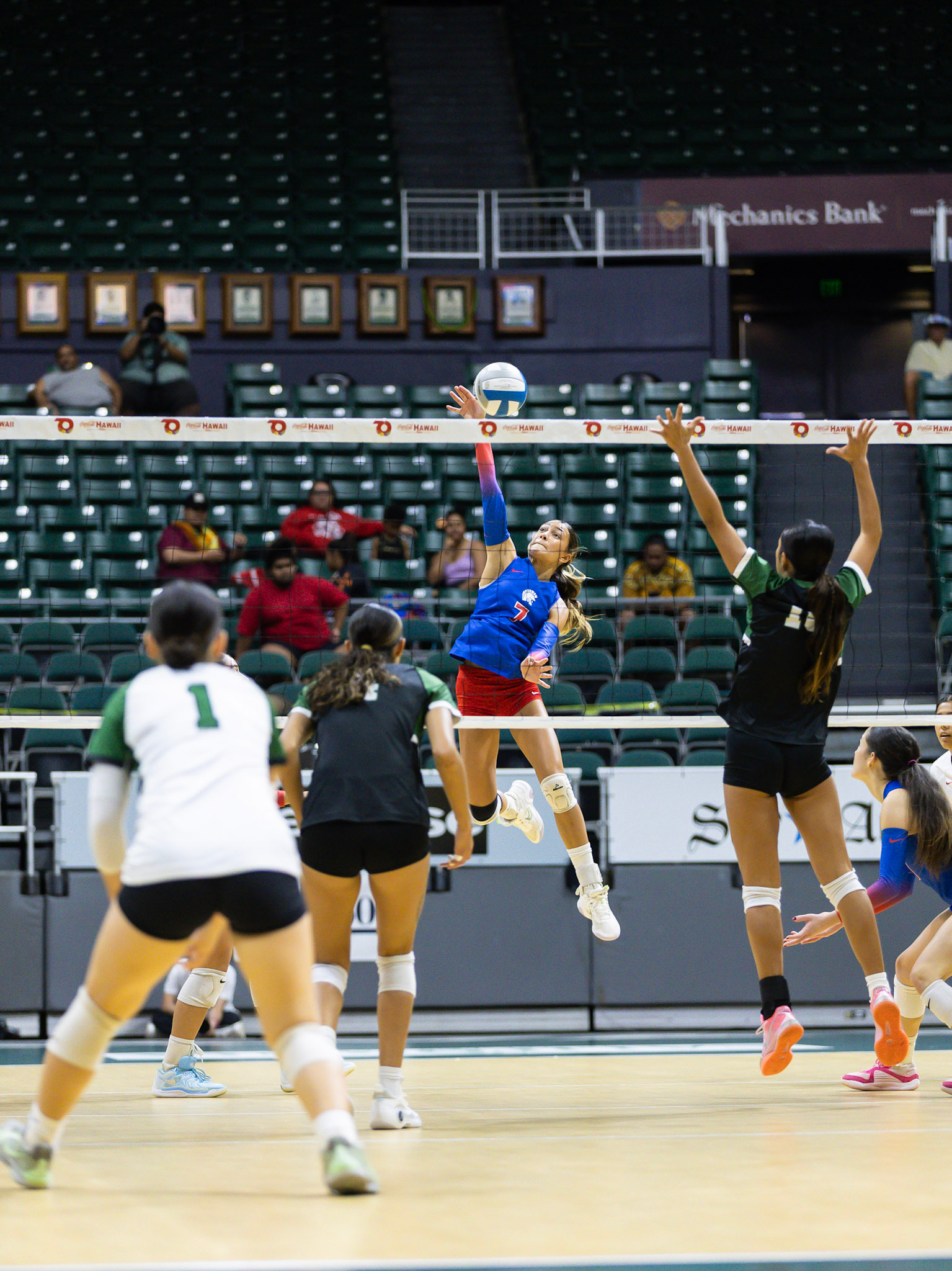Seabury Hall's Milaniakai Padilla smacks the ball in the Spartans' five-set loss to Kapa'a in the Division II state girls volleyball match on Saturday at the Stan Sheriff Center. ScoringLive / HARLEY SIMON photo
