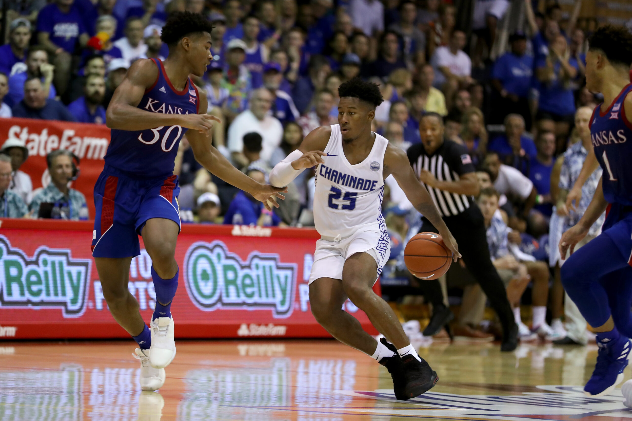 Chaminade University of Honolulu basketball player Kendall Small (25) is shown on Nov. 25, 2019 at the Lahaina Civic Center in a 93-63 loss to No. 4-ranked Kansas. Chaminade University Athletics photo