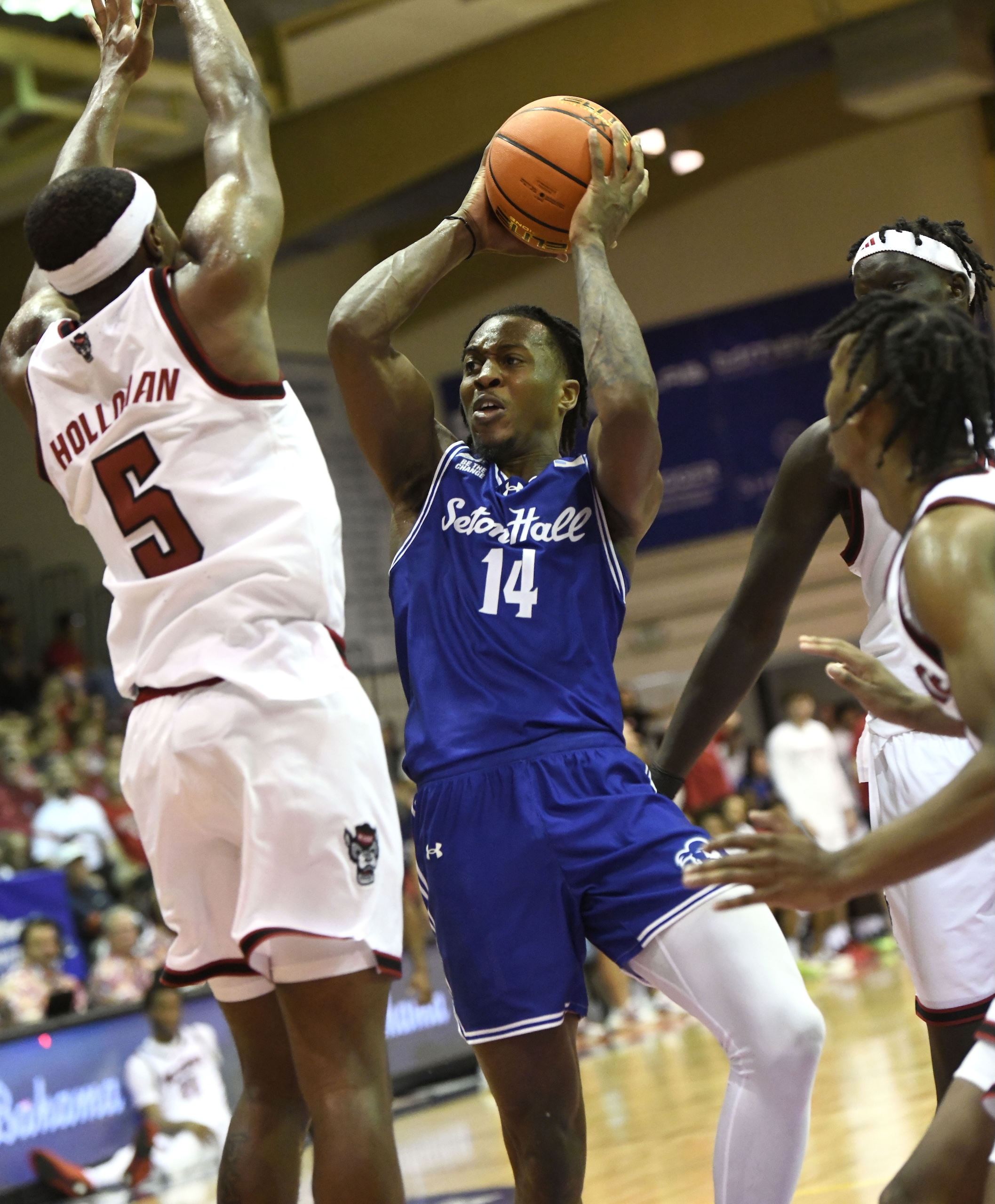 Seaton Hall's A.J. Staton-McCray drives against North Carolina State in the second half Monday at Lahaina Civic Center. Staton-McCray led the game in scoring with 22 points in Seaton Hall's 85-74 win. MATTHEW THAYER photo