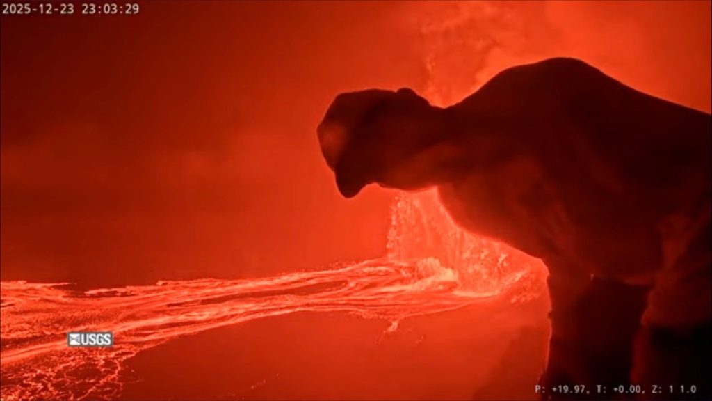 During Episode 39 of the ongoing Kīlauea volcano eruption, a man can be seen in a restricted area that is not open to the public. (Photo Credit: V1cam at Kīlauea) 