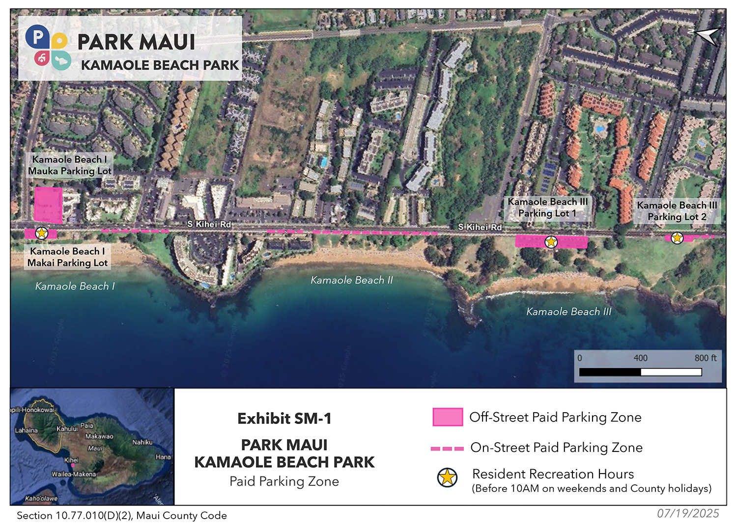 This graphic from the Park Maui website shows the areas in Kihei where the visitor paid parking program will take place at Kama'ole Beach Parks I, II and III. Maui County graphic