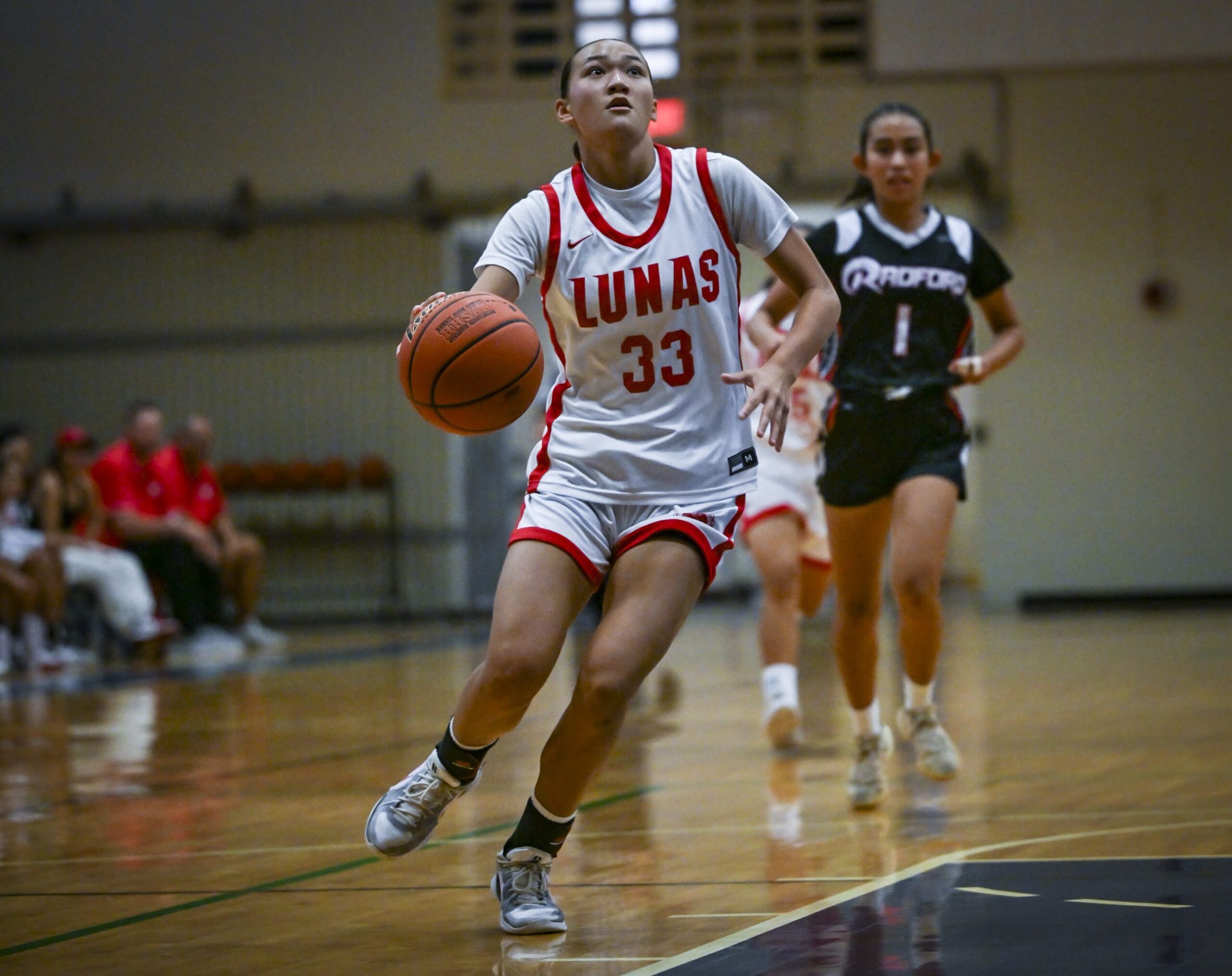 Honor Kaniho (33) is the leading scorer for Lahainaluna High School this season. The 6-0 Lunas play 6-0 Maui High on Tuesday with first place on the line in the Maui Interscholastic League. GLEN PASCUAL photo