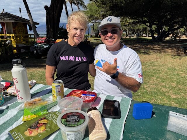 Amy Beal and Shawn Fatemi who are both are both 58 years old and live in Lahaina, were enjoying lunch on Tuesday at Kamaole III on their first visit there. HJI / ROB COLLIAS photo