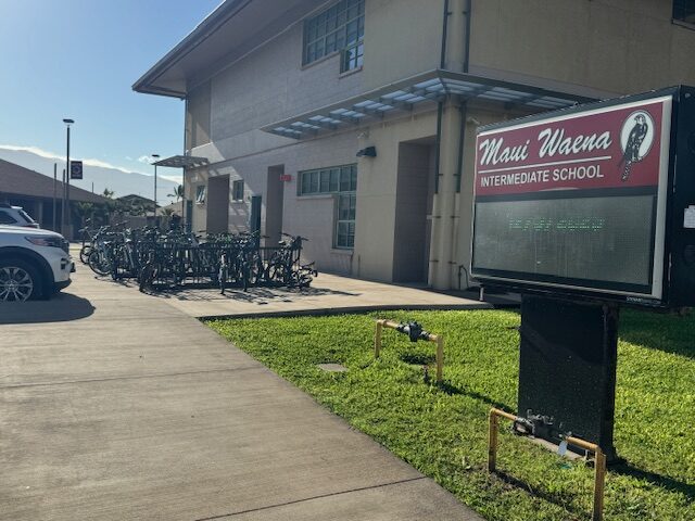 The bike racks at Maui Waena Intermediate School were nearly full with 26 regular bikes on Friday. HJI / ROB COLLIAS photo