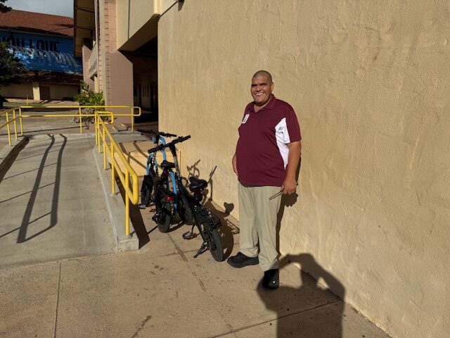 Kainoa Hopfe has been a vice principal at Baldwin High School since January. He said there is very few e-bike riders to the Wailuku school — on Friday there were only two e-bikes in the school's bike rack. HJI / ROB COLLIAS photo
