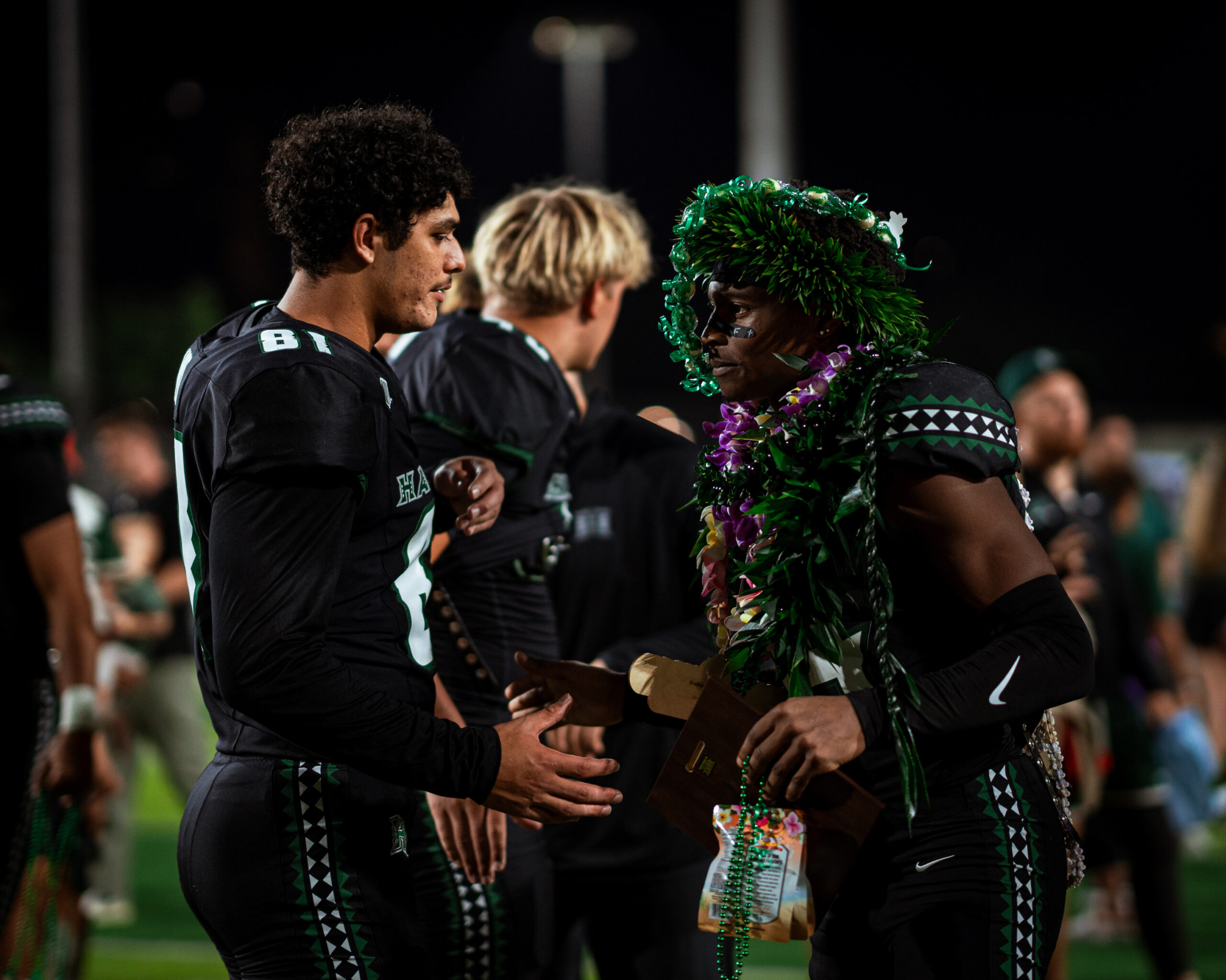 Kamehameha Schools Maui graduate Frank Kahoa Abreu (left) has appeared in three games for the University of Hawai'i football team this season and could play today against Cal in the Sheraton Hawai'i Bowl. He is eligible to maintain his redshirt year and will be a redshirt freshman next season. University of Hawai'i Athletics photo