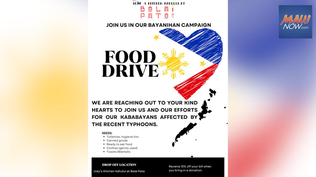 Joey’s Kitchen Kahului at Balai Pata launches drive to support typhoon-stricken area of Philippines