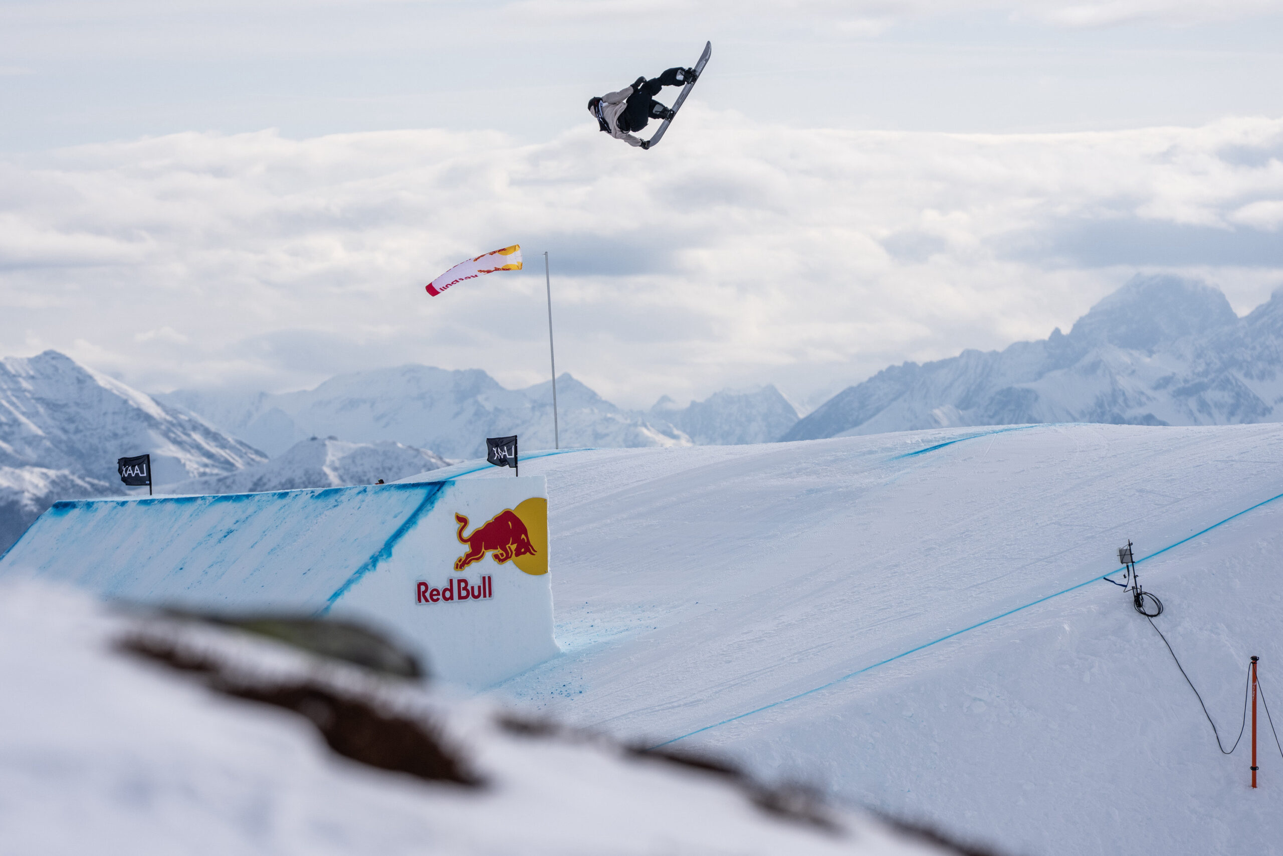 Lyon Farrell, a Mauian set to compete in the Milan Cortina Olympics for New Zealand next week, is shown here in the Laax Open, the final event before the Olympics where Farrell finished in 7th place. PHILLIPP RUGLI photo