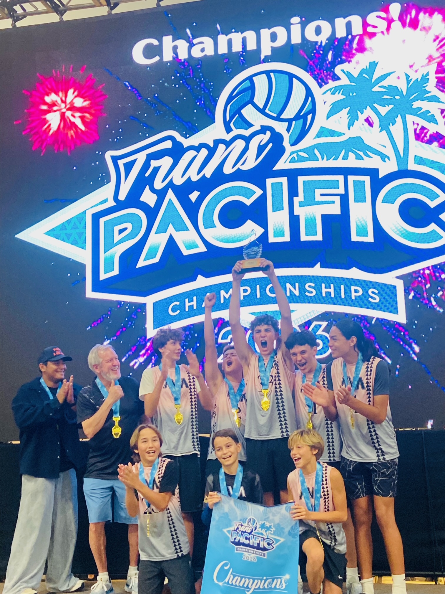 The Aloha Volleyball Association 14-under boys team from Maui poses for this photo with their gold medals from the TransPacific Volleyball Championships on Monday. NANETTE CUNNINGHAM photo