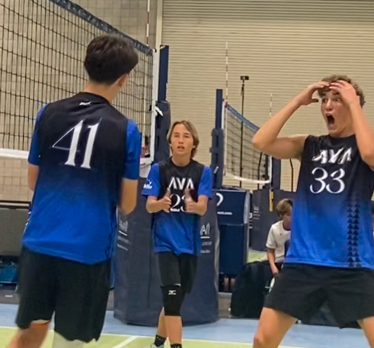 Aloha Volleyball Association players (from left) Wyatt Gonzales (41), Bryce Cunningham (23) and Ethan Tillotson (33) react to a winning point in a match at the TransPacific Volleyball Championships over the weekend. NANETTE CUNNINGHAM photo