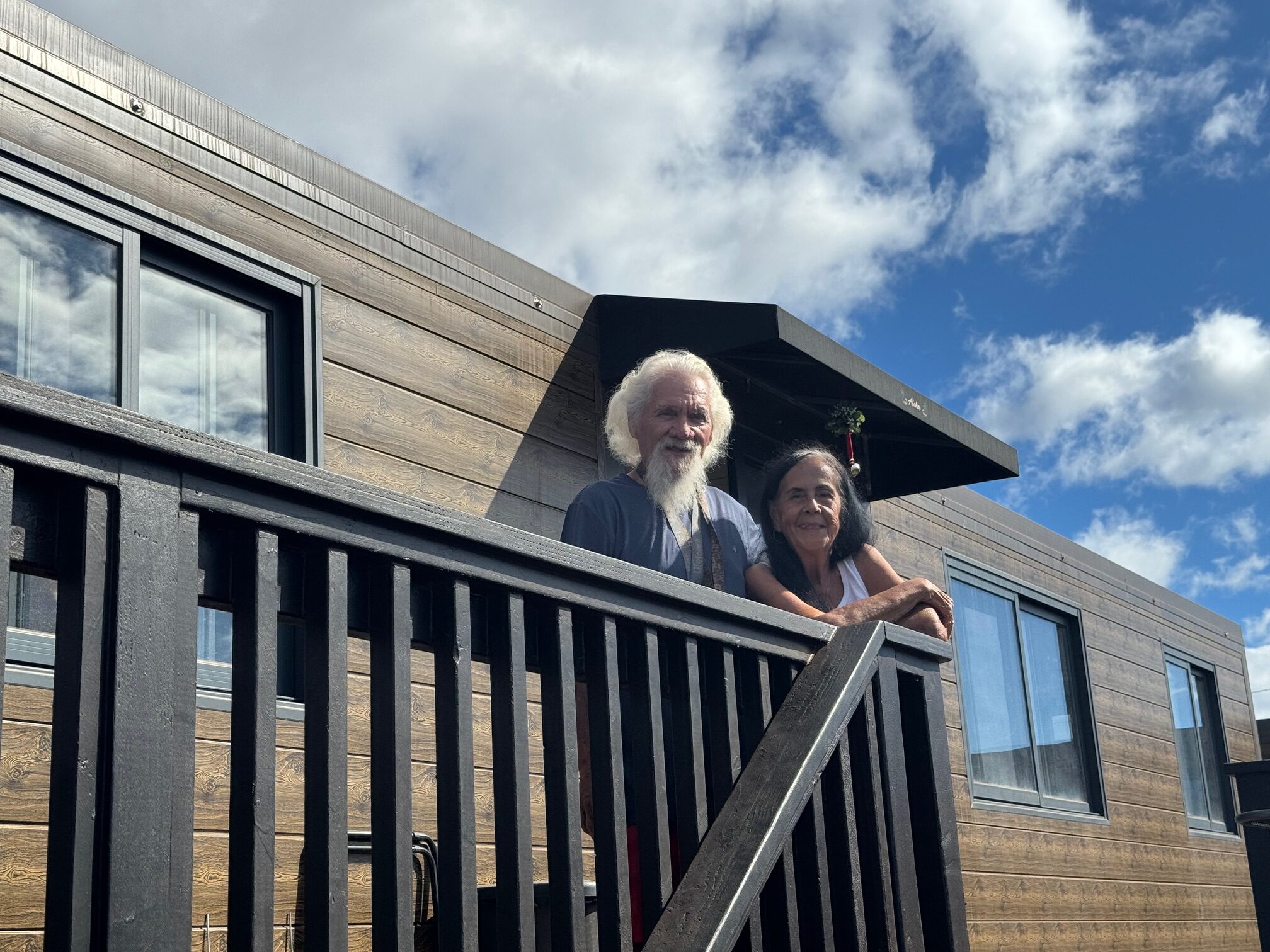 Doug Reynon, 82, and Patricia Balderas, 82, are shown at their tiny home on Kahoma Street on Jan. 1, 2026. HJI / ROB COLLIAS photo