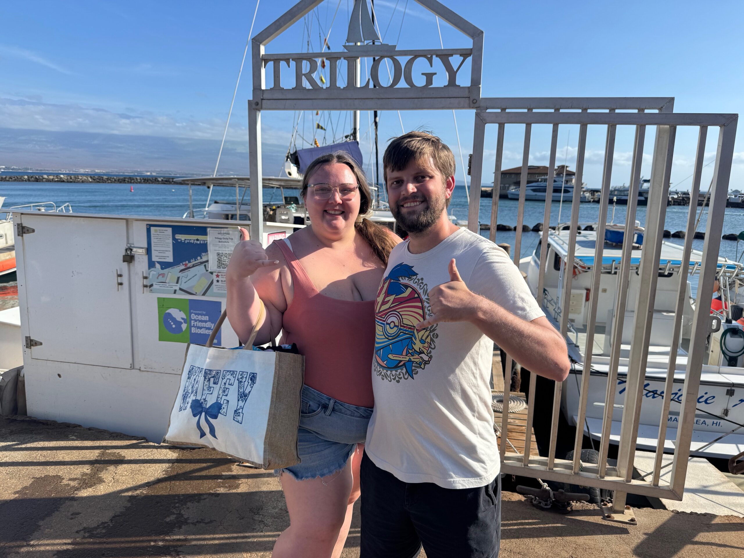 Newlyweds Sarah Hart and Peter Watson from Florida enjoyed their first whale watch trip aboard Trilogy I on Tuesday. HJI / ROB COLLIAS photo