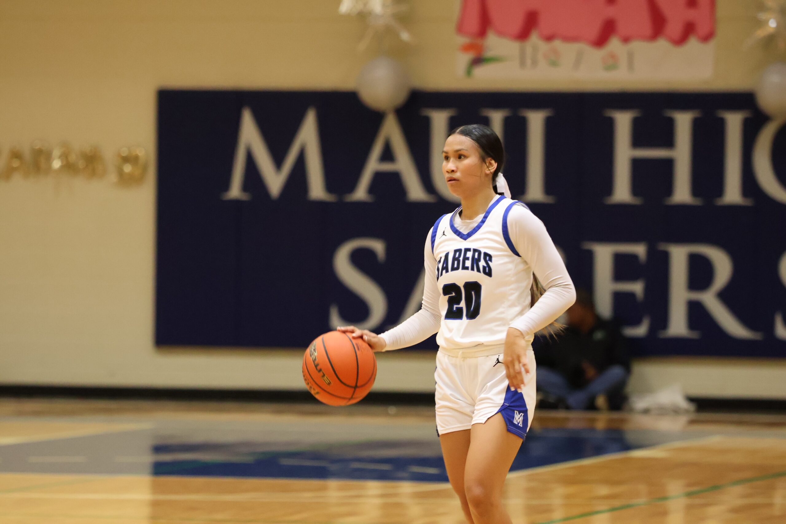 Naiara Bal is the only senior on the Maui High School girls basketball team, the defending Maui Interscholastic League Division I champions. Bal will lead the Sabers into the MIL tournament semifinals tonight against No. 4 seed King Kekaulike at Lahainaluna. The Sabers, winners of 26 MIL games in a row, are two wins from their second straight league title. REID YAMAMOTO photo
