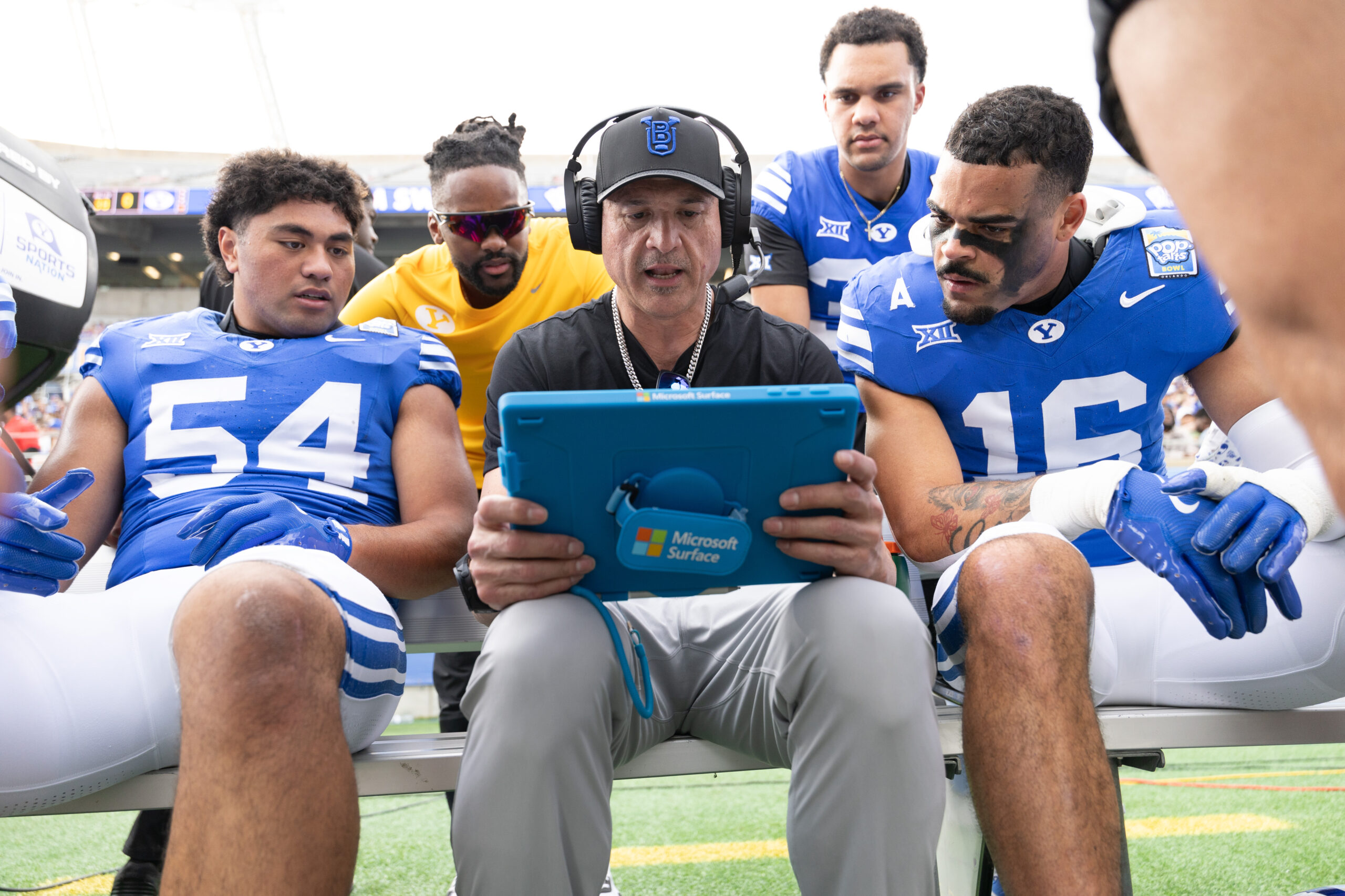 Chad Kauha'aha'a, a Baldwin High Scghool graduate and former head football coach, is shown here on the BYU sidelines in the Pop Tarts Bowl on Dec. 27, 2025. The Cougars won the game over Georgia Tech, 25-21. BYU Athletics photo