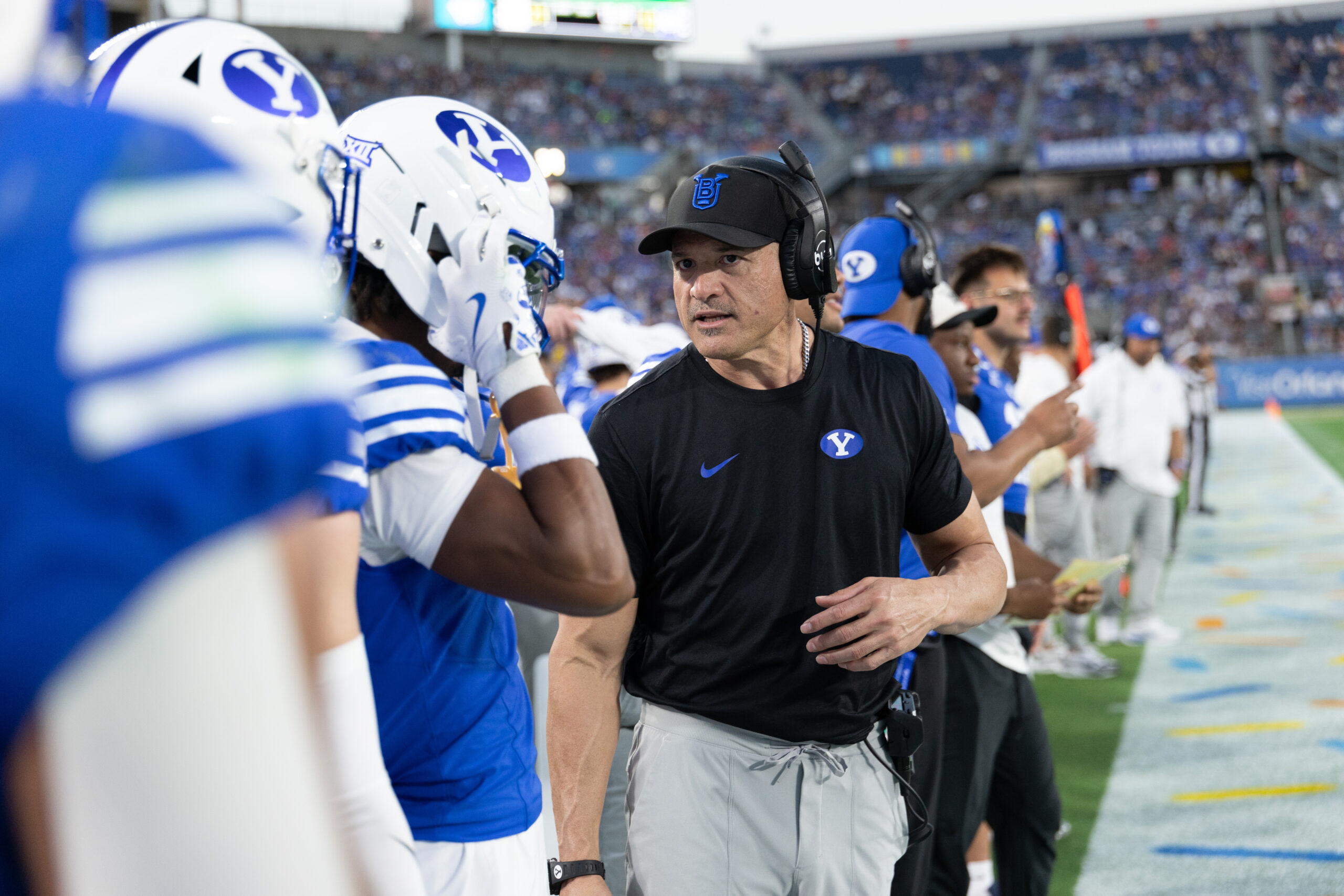 Chad Kauha'aha'a is shown here on the BYU sidelines in the Pop Tarts Bowl on Dec. 27, 2025. The Cougars won the game over Georgia Tech, 25-21. BYU Athletics photo