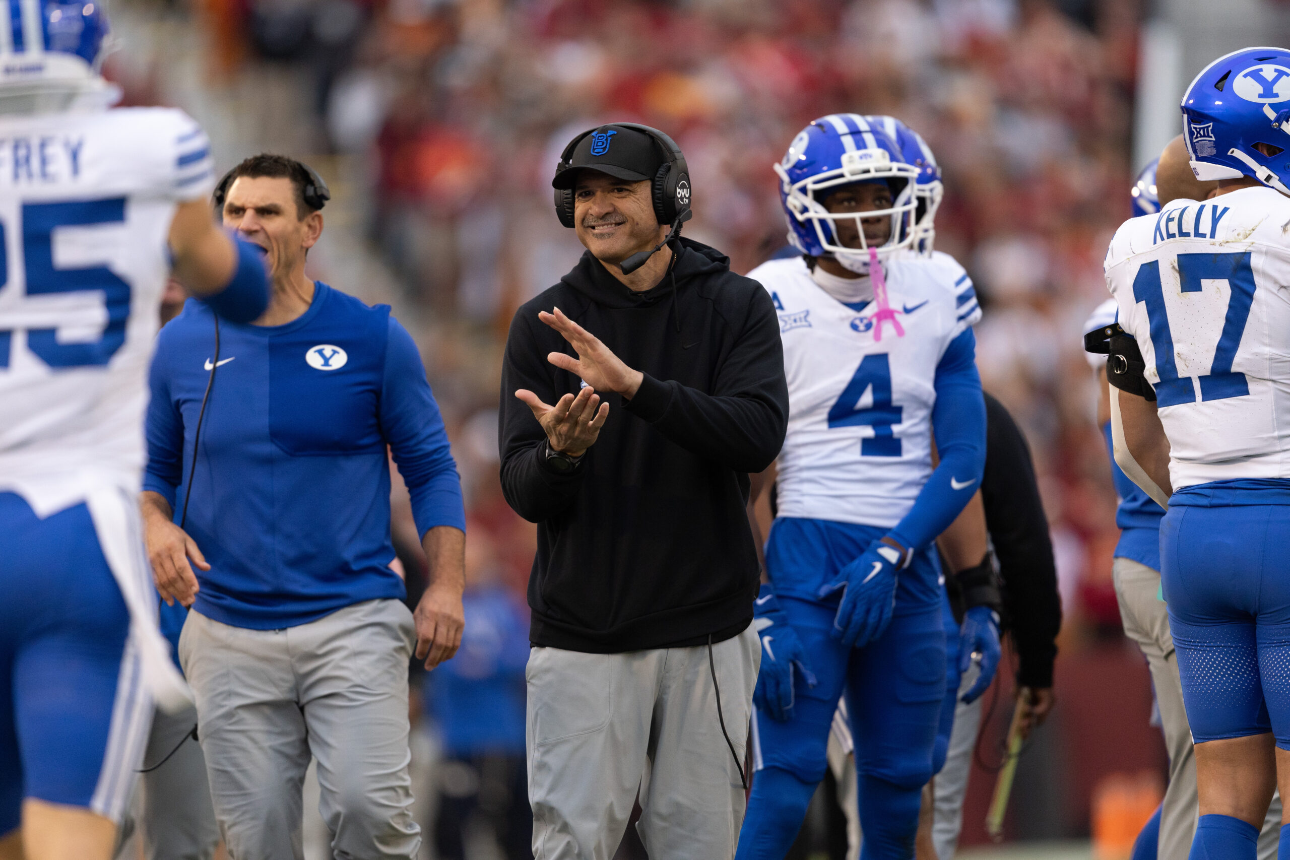 Baldwin High School graduate Chad Kauha'aha'a (black hoodie) has been a senior analyst for Brigham Young University football for 3 years, but he was promoted to inside linebackers coach earlier this month. BYU Athletics photo