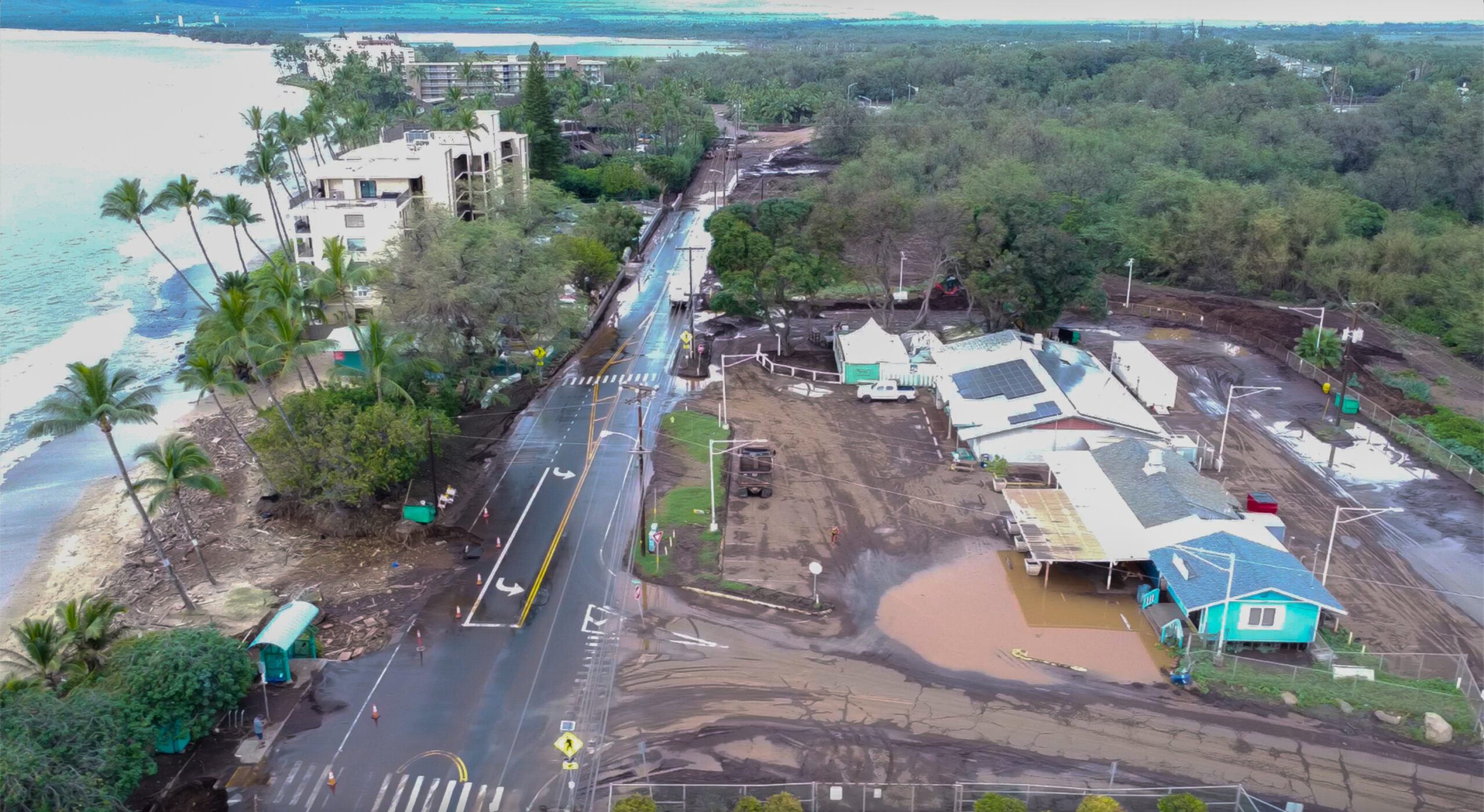 A big chunk of S. Kīhei Road (left bottom) washed away and the bridge (top middle) became impassable with mud and debris during the Kona low storm of March 13 and 14, 2026. HJI / Cammy Clark drone photo