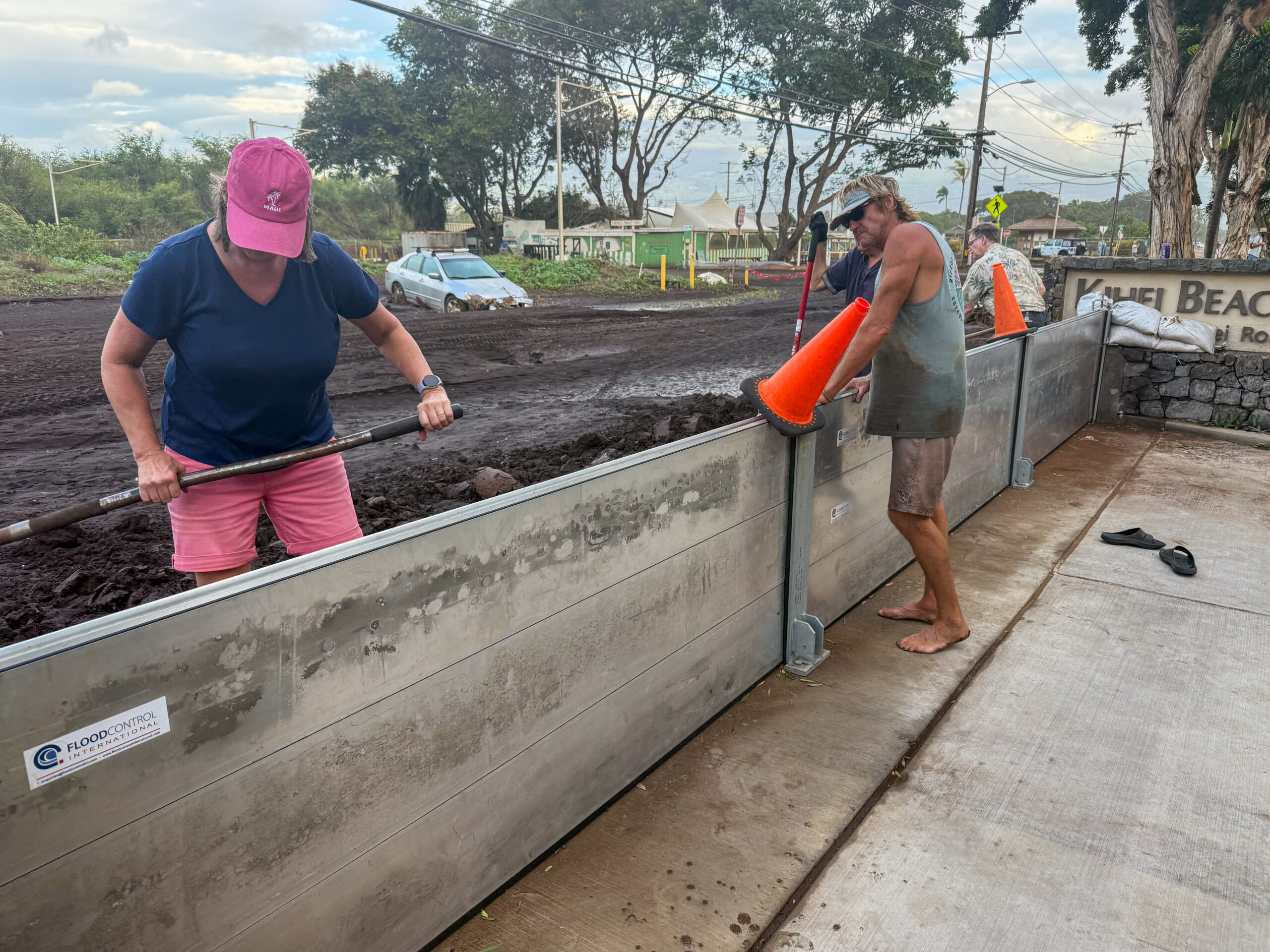 Kīhei Beach Condominiums installed $20,000 worth of flood barriers that worked and kept water and mud out of its parking lot and complex during the kona low storm of March 13 and 14, 2026. HJI / Cammy Clark photo