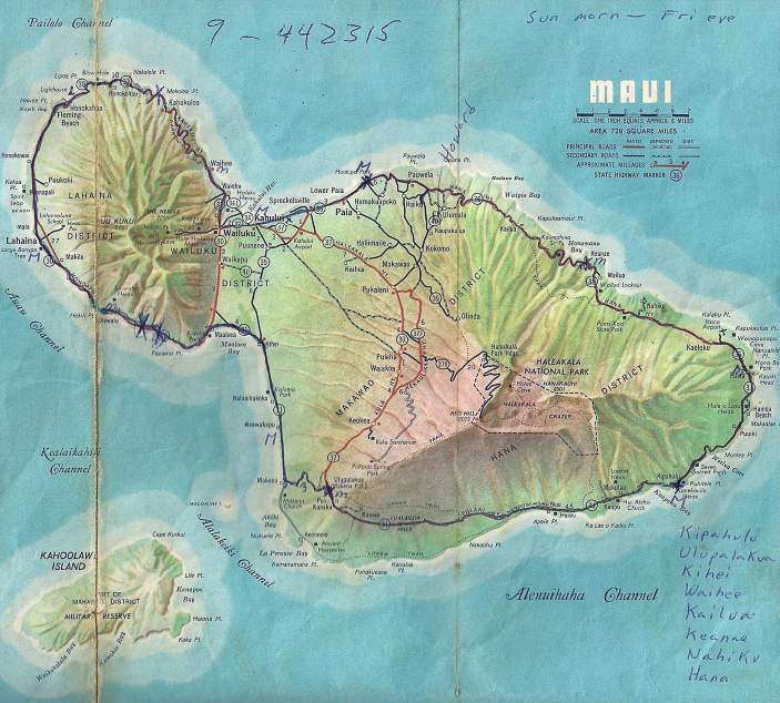 Ward Mardfin's map of his walk around Maui in 1962.